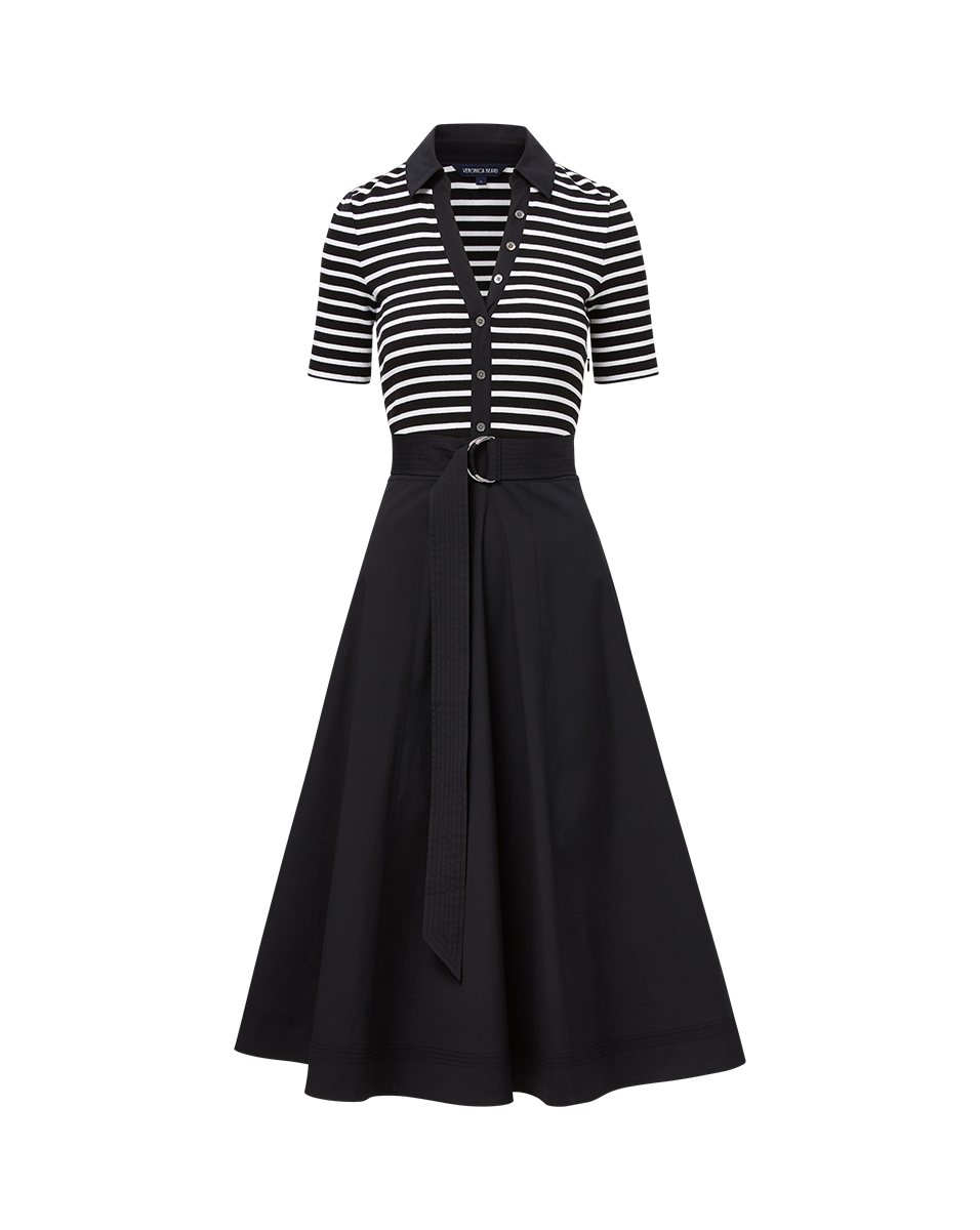 Black & White Striped Mixed Media Dress with Circle Skirt | Delise