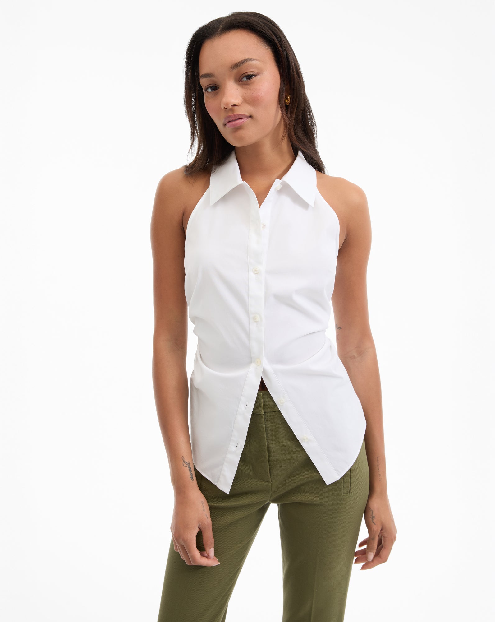 Sleeveless Button-Down Shirt with Angled Hem | Regina