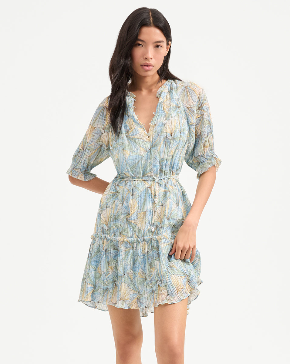 Pleated Mini Dress with Tiered Skirt & Ruffled Neckline | Dorrie