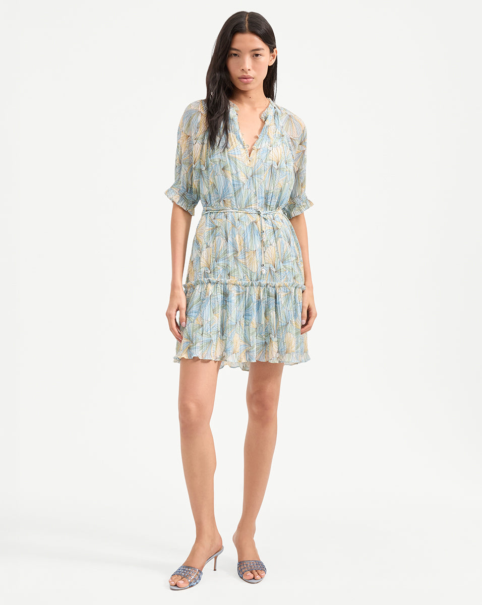 Pleated Mini Dress with Tiered Skirt & Ruffled Neckline | Dorrie
