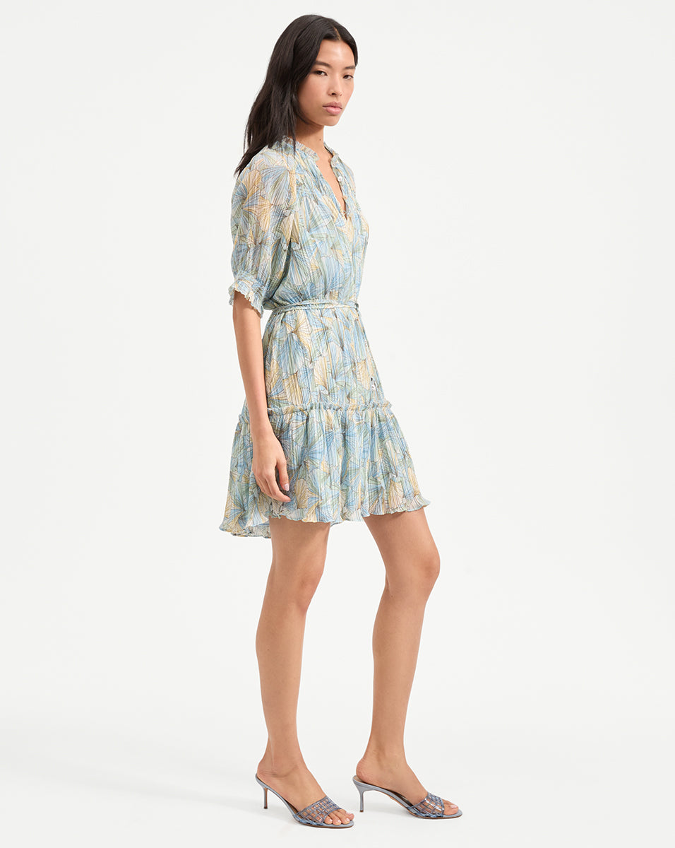 Pleated Mini Dress with Tiered Skirt & Ruffled Neckline | Dorrie