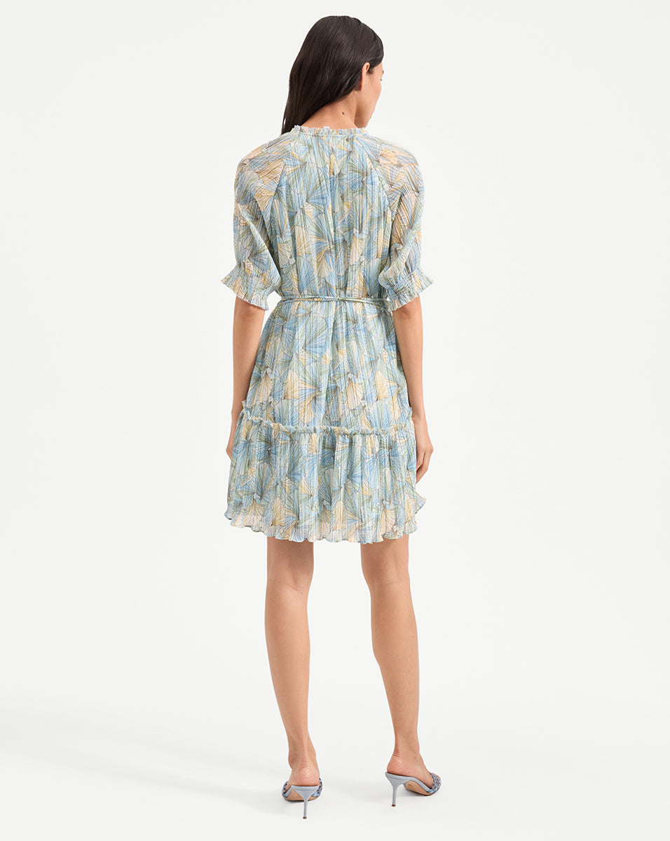 Pleated Mini Dress with Tiered Skirt & Ruffled Neckline | Dorrie