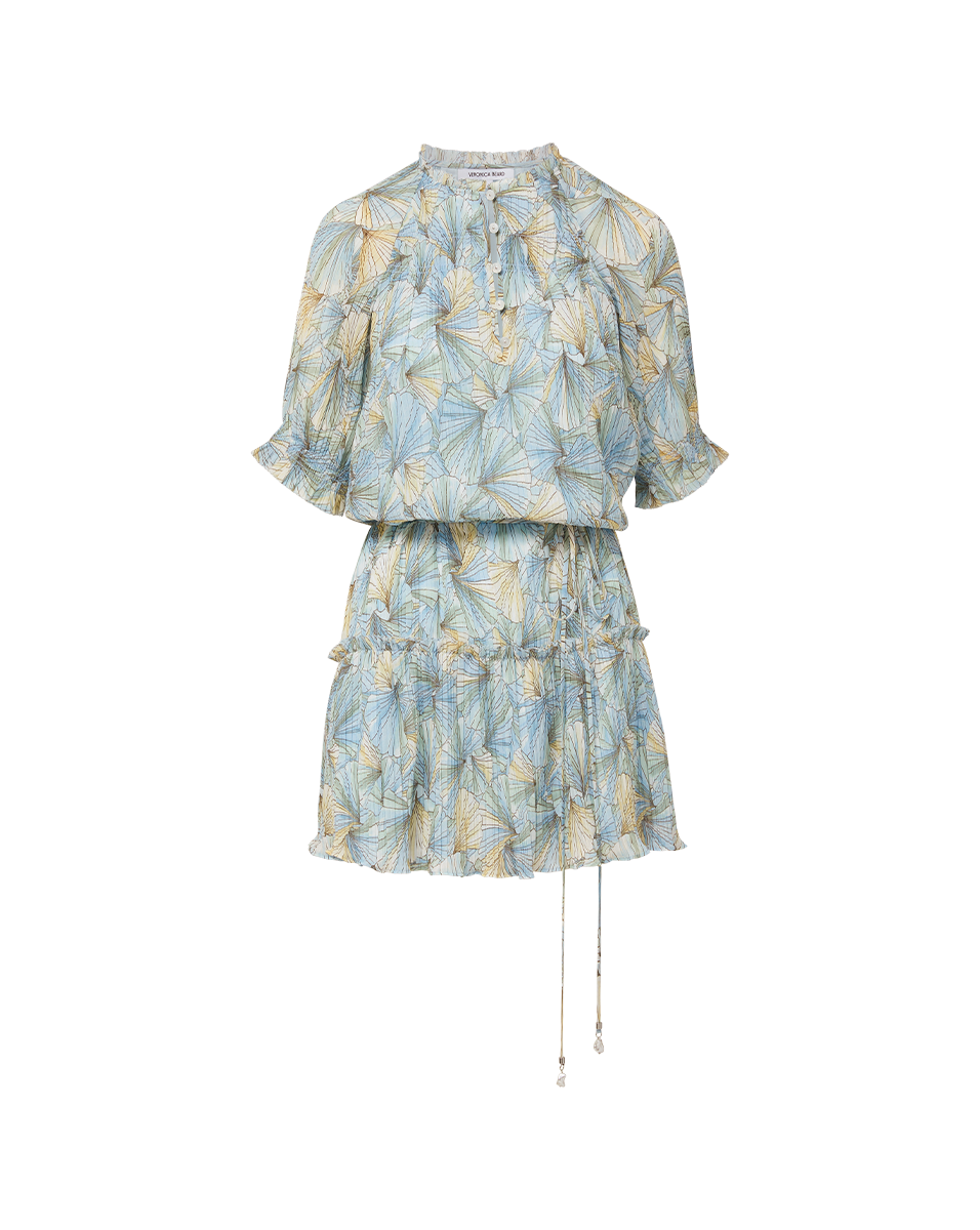 Pleated Mini Dress with Tiered Skirt & Ruffled Neckline | Dorrie