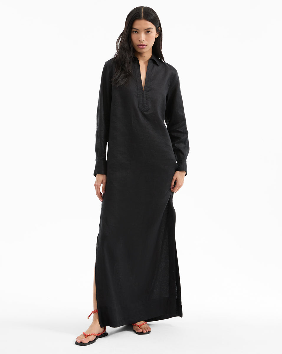 Breathable Linen Maxi Dress with Deep V-Neck & Side Slits | Moore