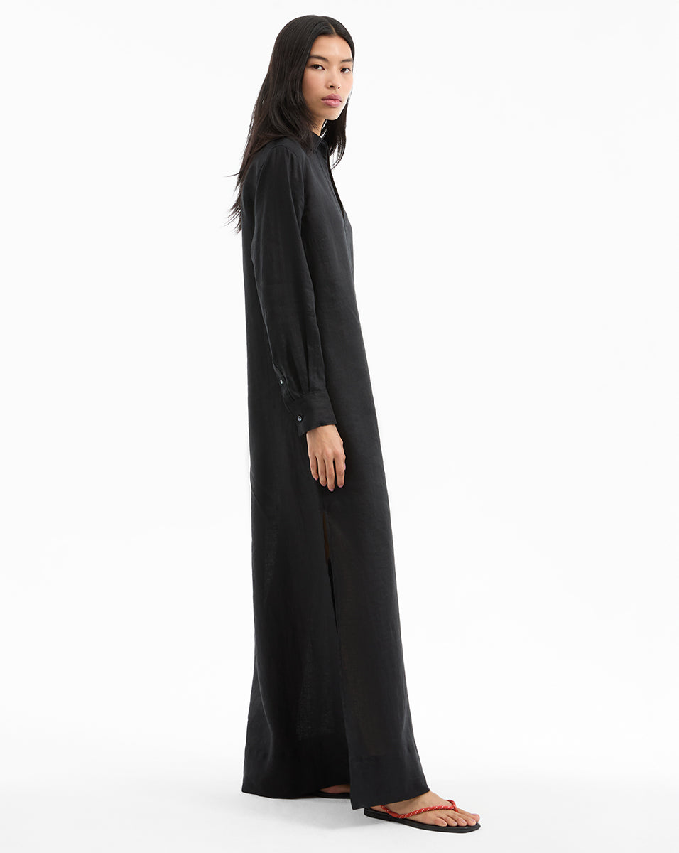 Breathable Linen Maxi Dress with Deep V-Neck & Side Slits | Moore