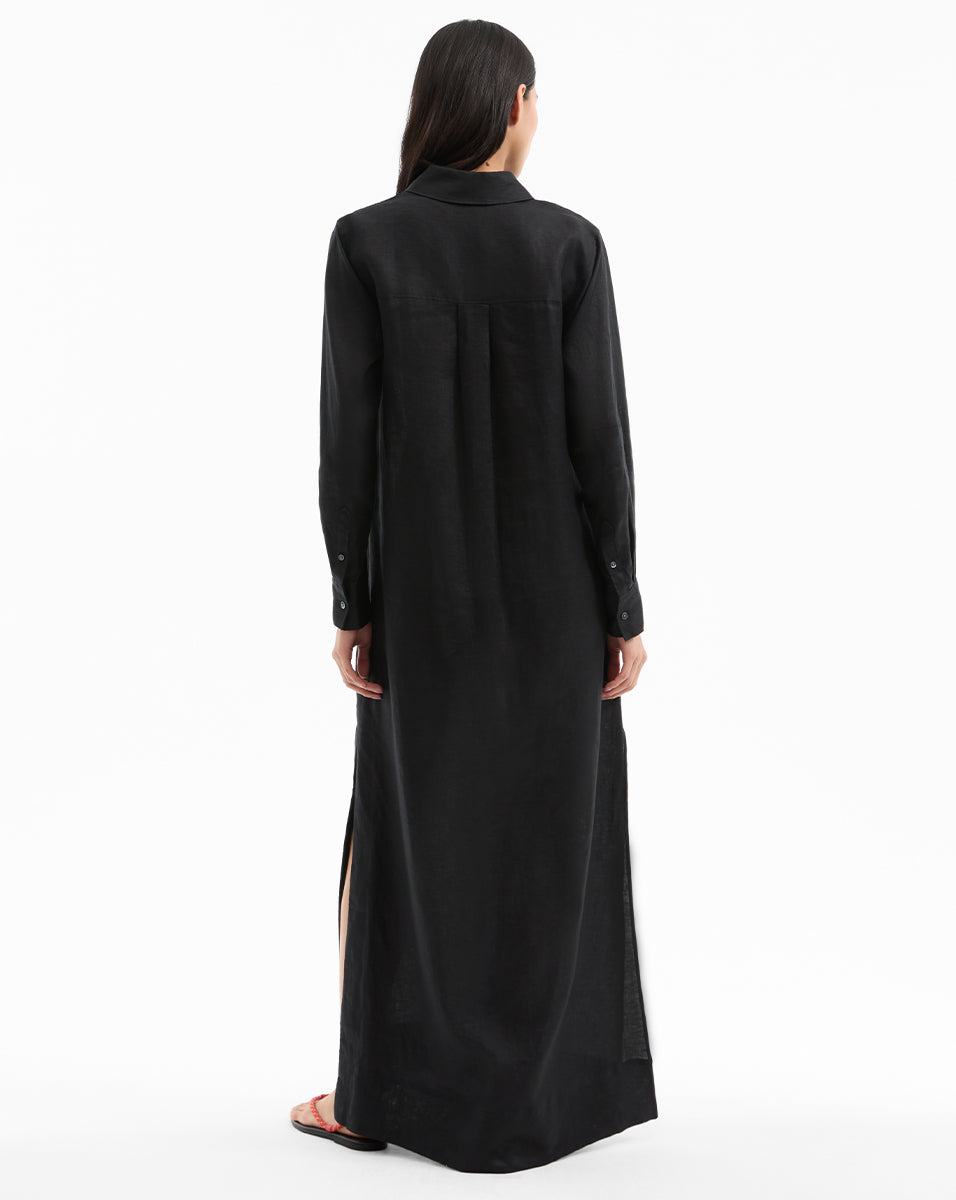 Breathable Linen Maxi Dress with Deep V-Neck & Side Slits | Moore