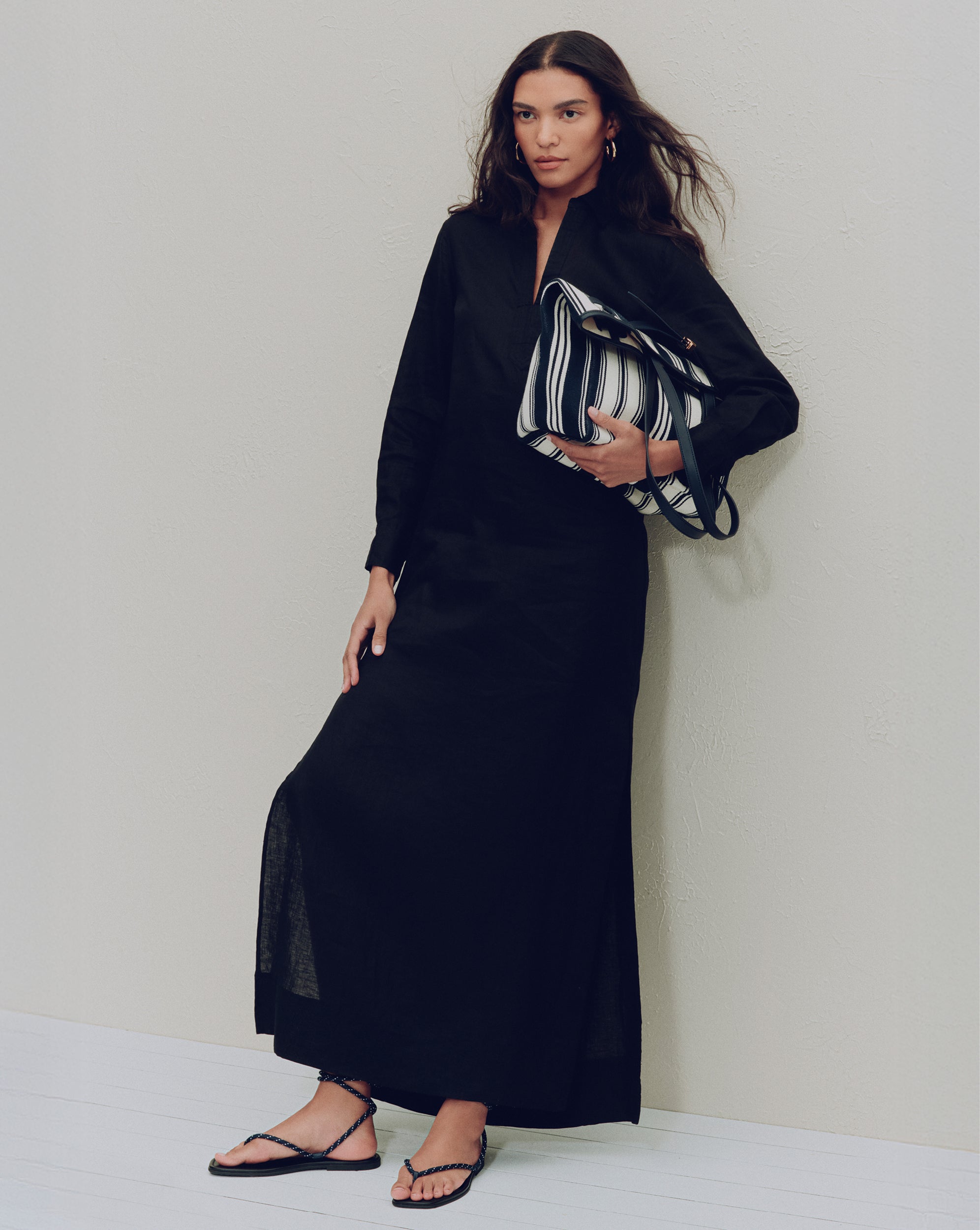 Breathable Linen Maxi Dress with Deep V-Neck & Side Slits | Moore