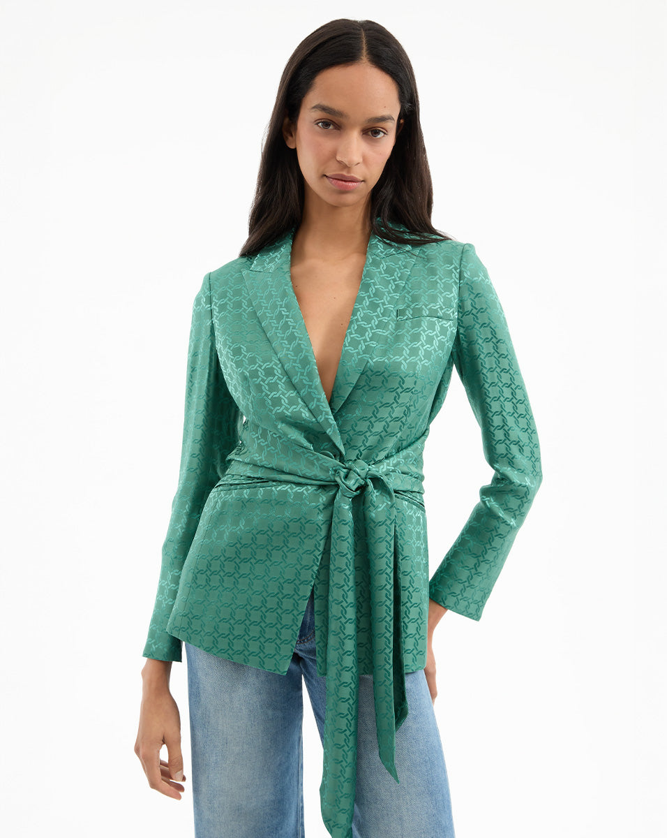 Wrap Blazer Jacket in Silk-Viscose Blend with Waist Tie | Issel