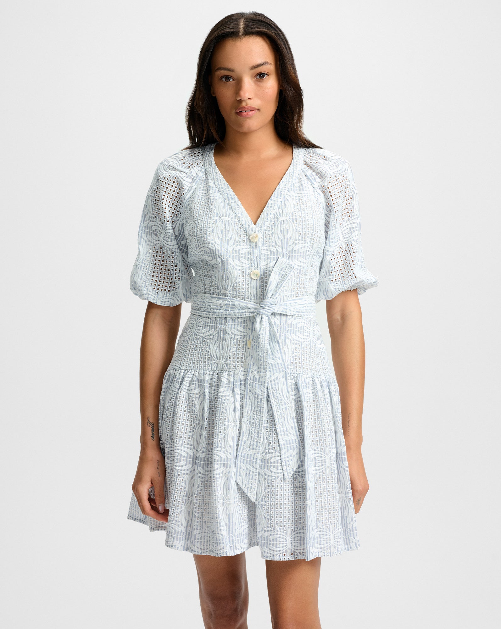 Eyelet Mini Dress with Pouf Sleeves & Scalloped Hem | Bobbie