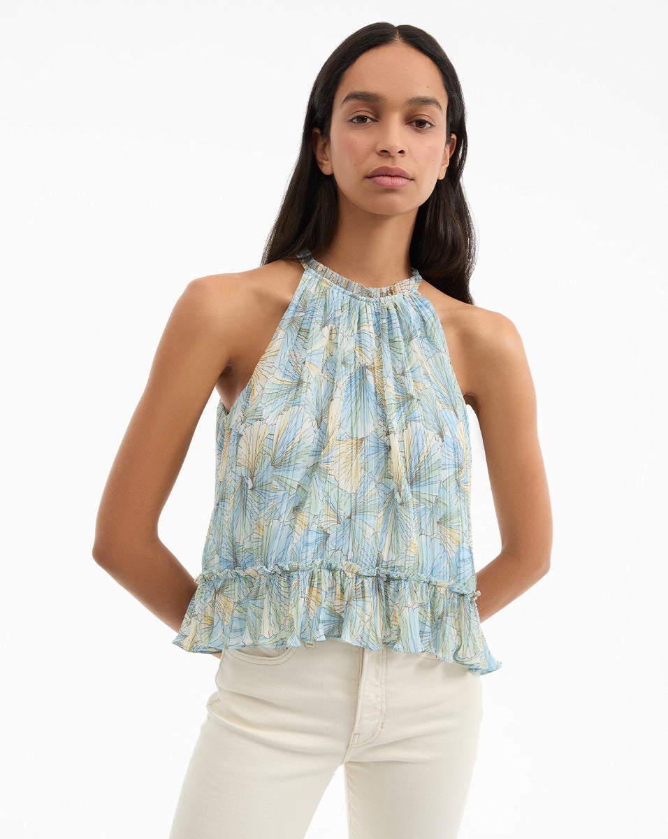 Pleated Halter Top with Ruffled Flounce & Adjustable Drawstring | Renee