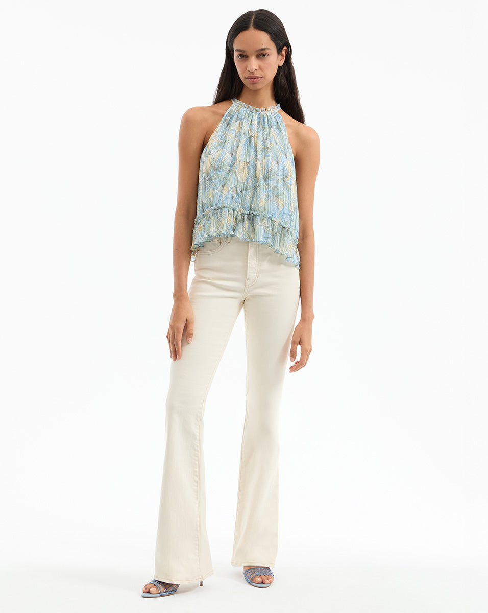Pleated Halter Top with Ruffled Flounce & Adjustable Drawstring | Renee