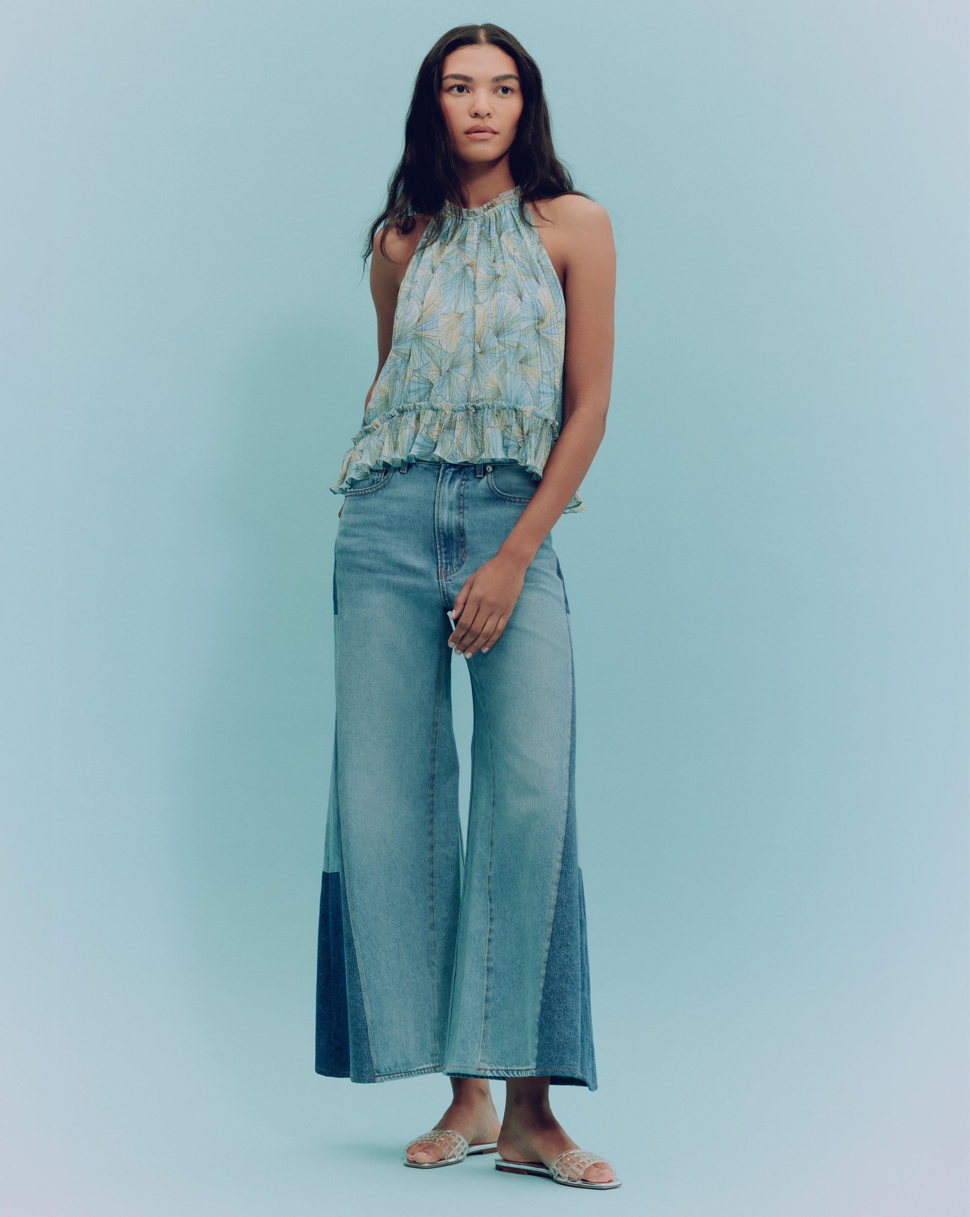 Pleated Halter Top with Ruffled Flounce & Adjustable Drawstring | Renee