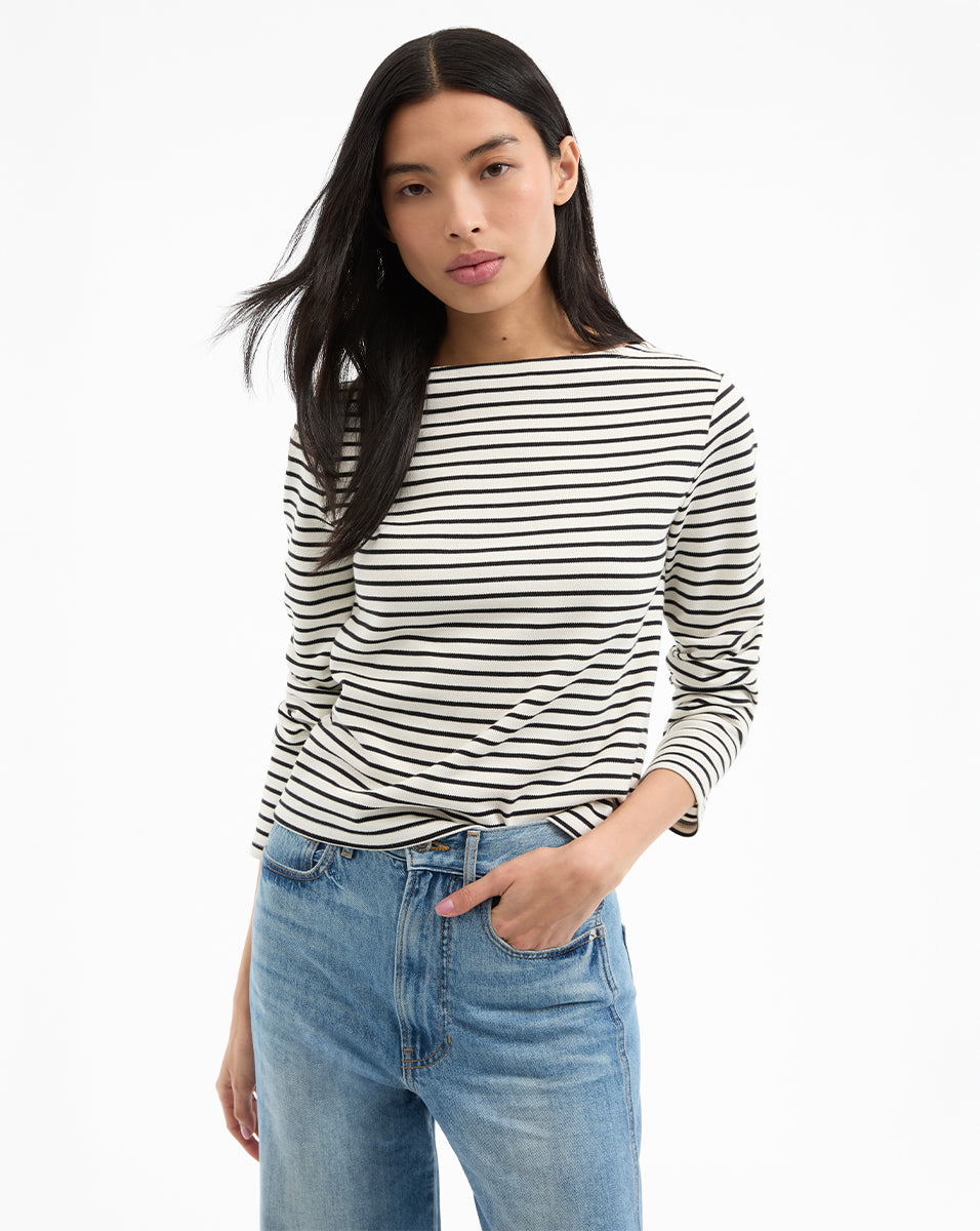 Long-Sleeve Striped Boat Neck Top | Hovey Relaxed Fit Tee