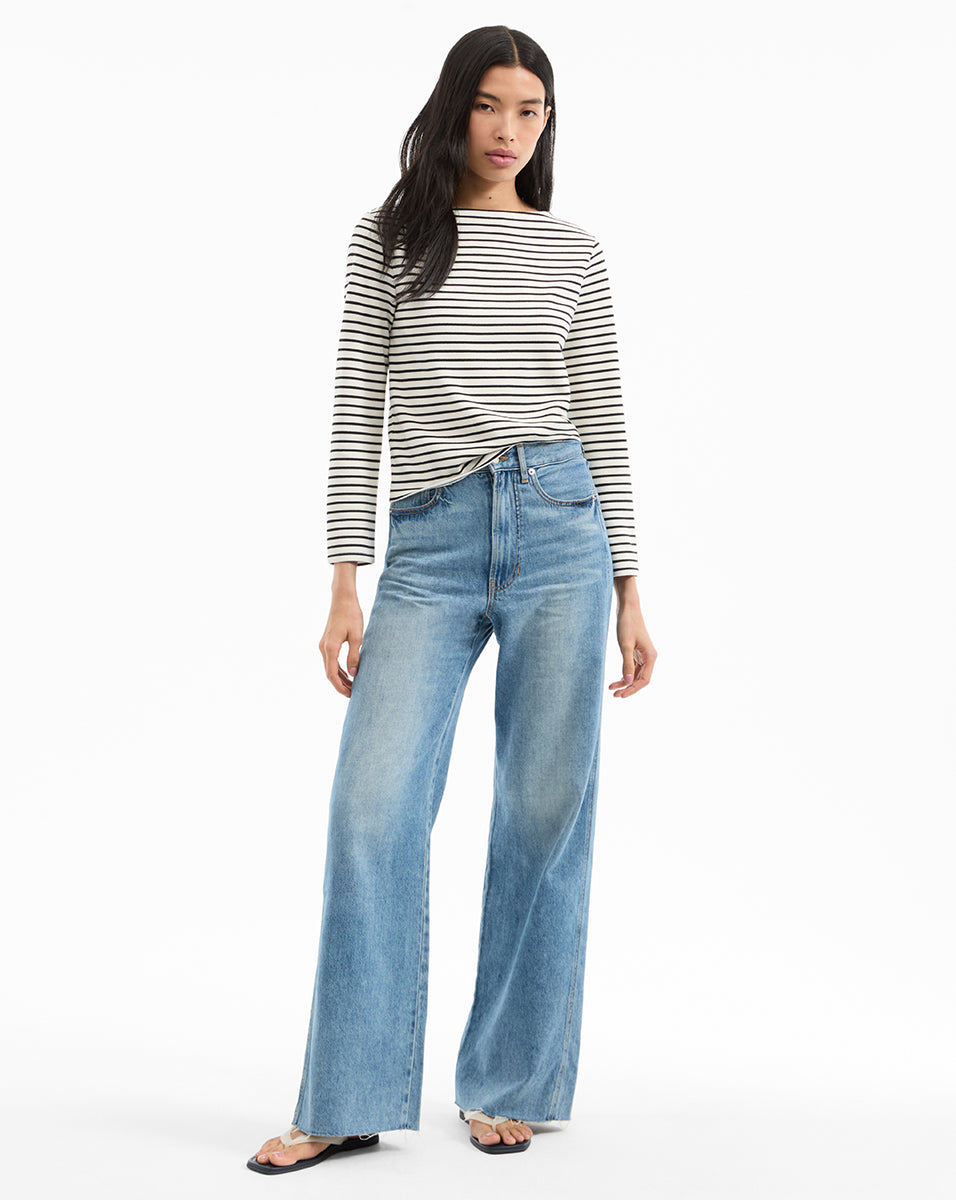 Long-Sleeve Striped Boat Neck Top | Hovey Relaxed Fit Tee