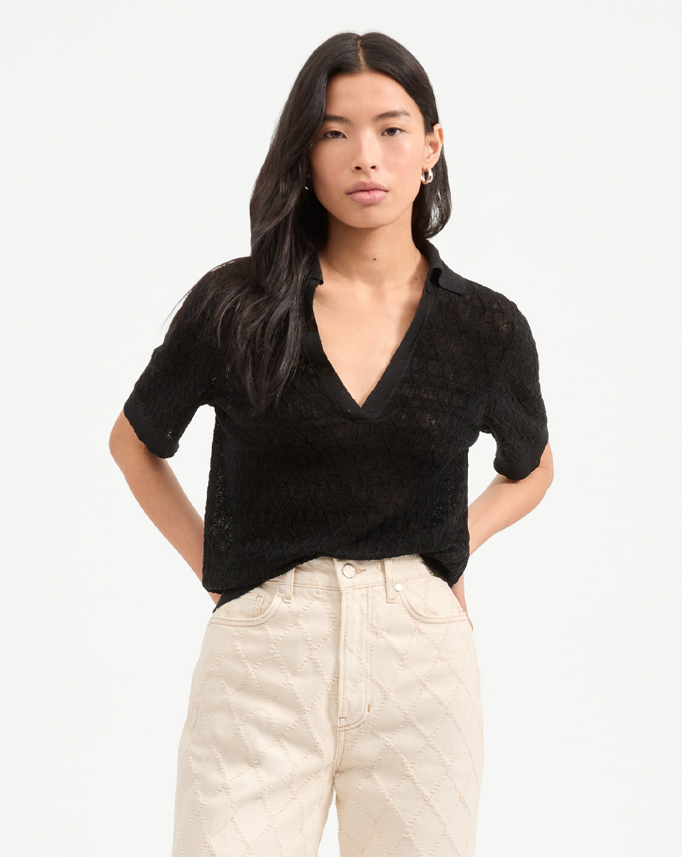 Linen Knit Polo Shirt with V-Neck & Half Sleeves | Issa