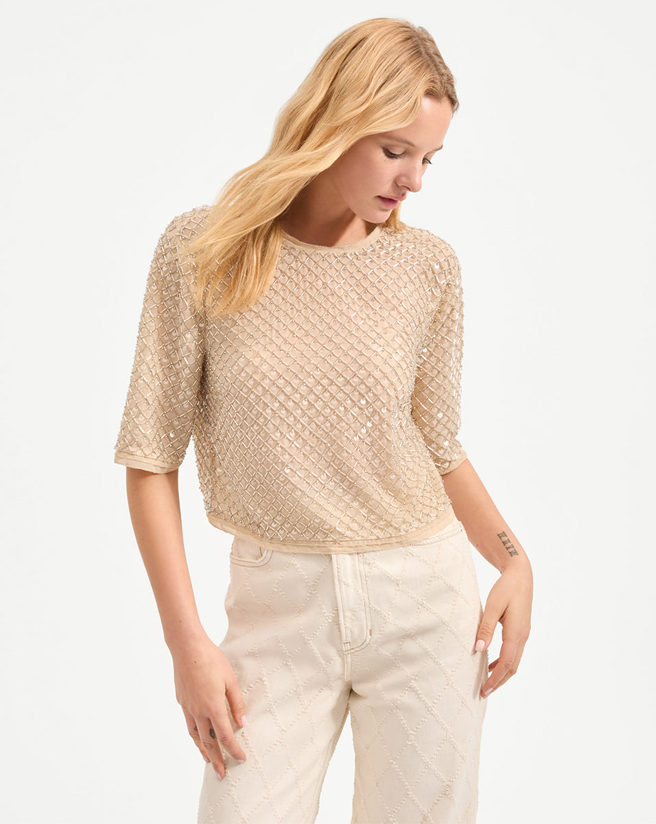 Hand-Beaded Chiffon Top with Glass Beads & Paillettes | Novalie