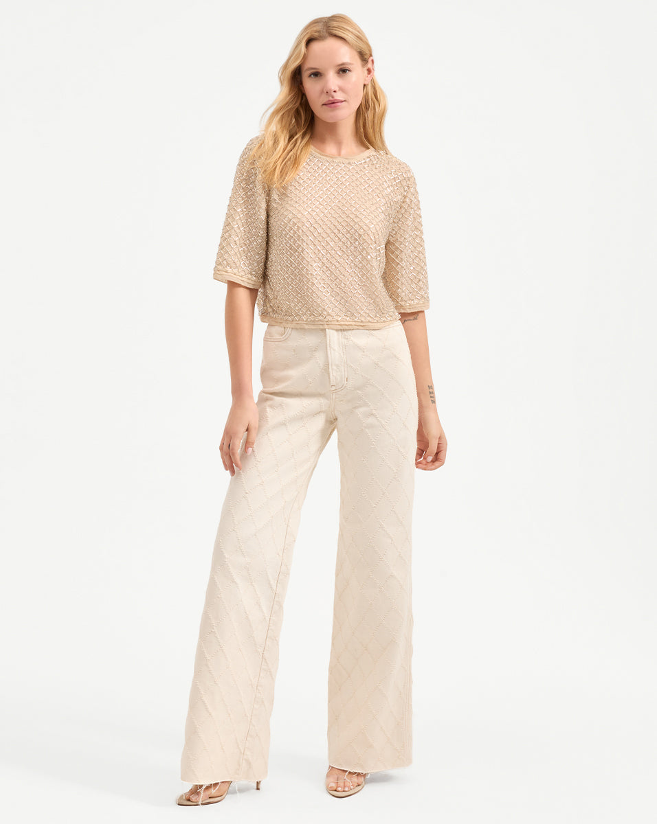 Hand-Beaded Chiffon Top with Glass Beads & Paillettes | Novalie