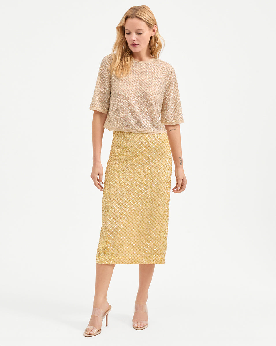 Hand-Beaded Chiffon Top with Glass Beads & Paillettes | Novalie