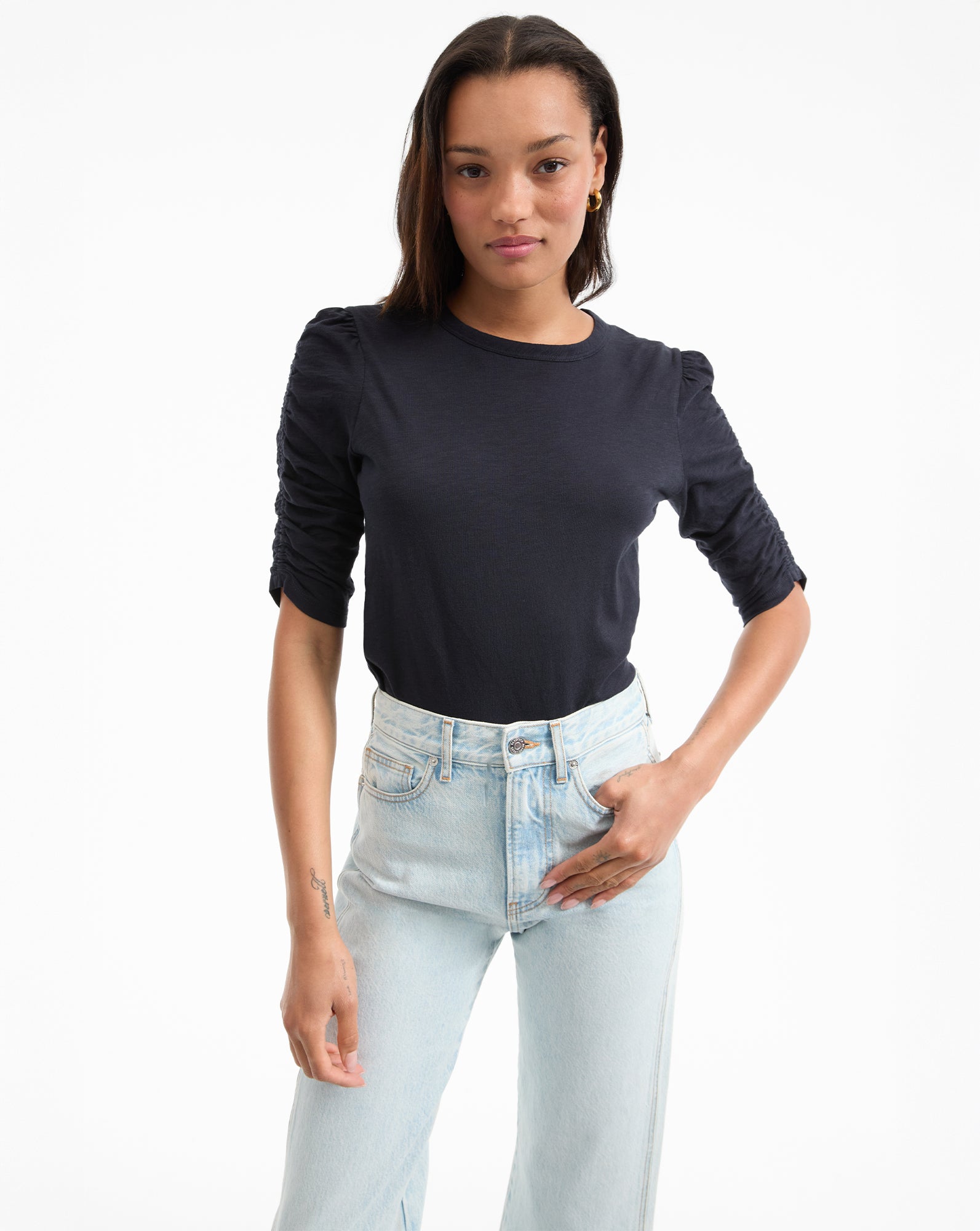 Ruched-Sleeve Cotton T-Shirt for Women | Waldorf