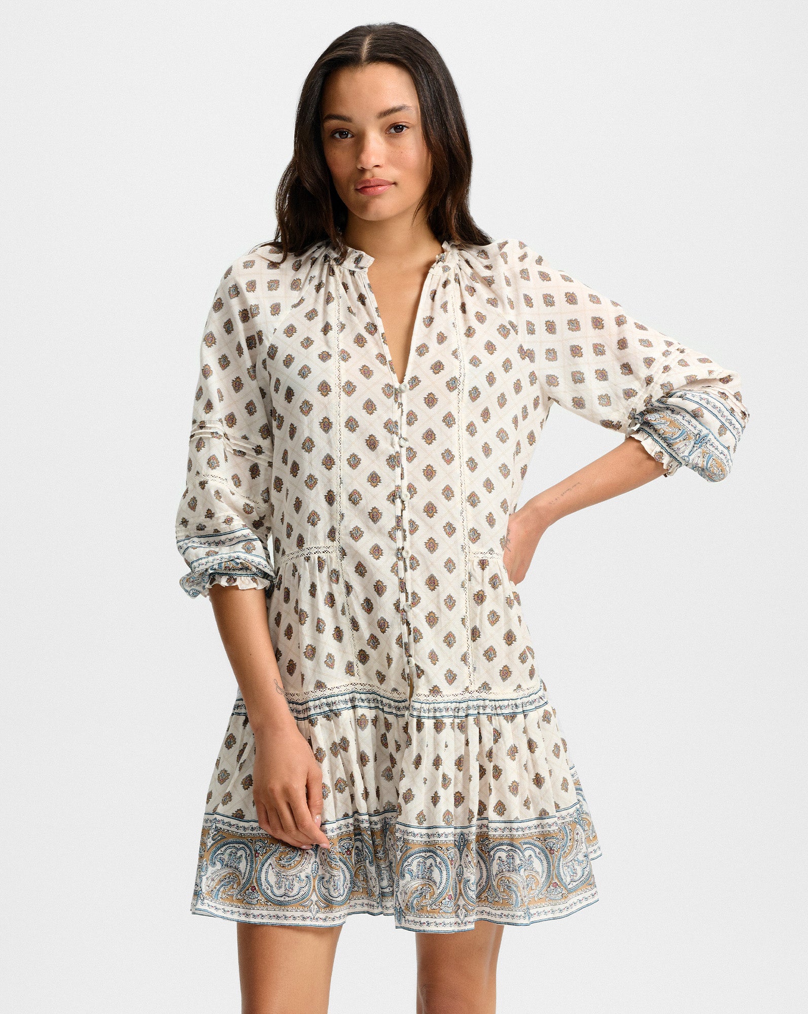 Bohemian Paisley Mini Dress with V-Neck & Flounce | Belissa