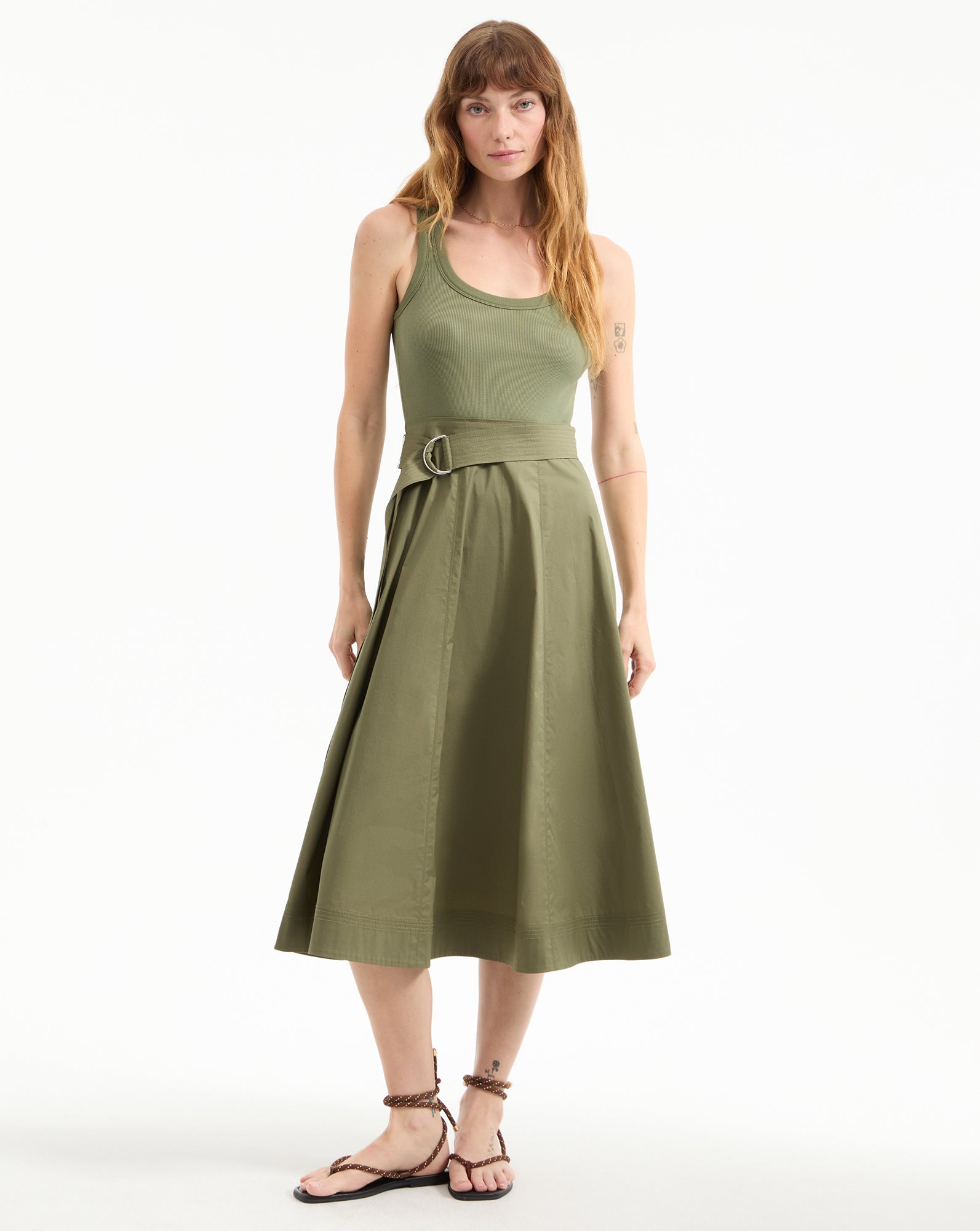 Army Green Cotton Midi Dress with Belt | Ennis