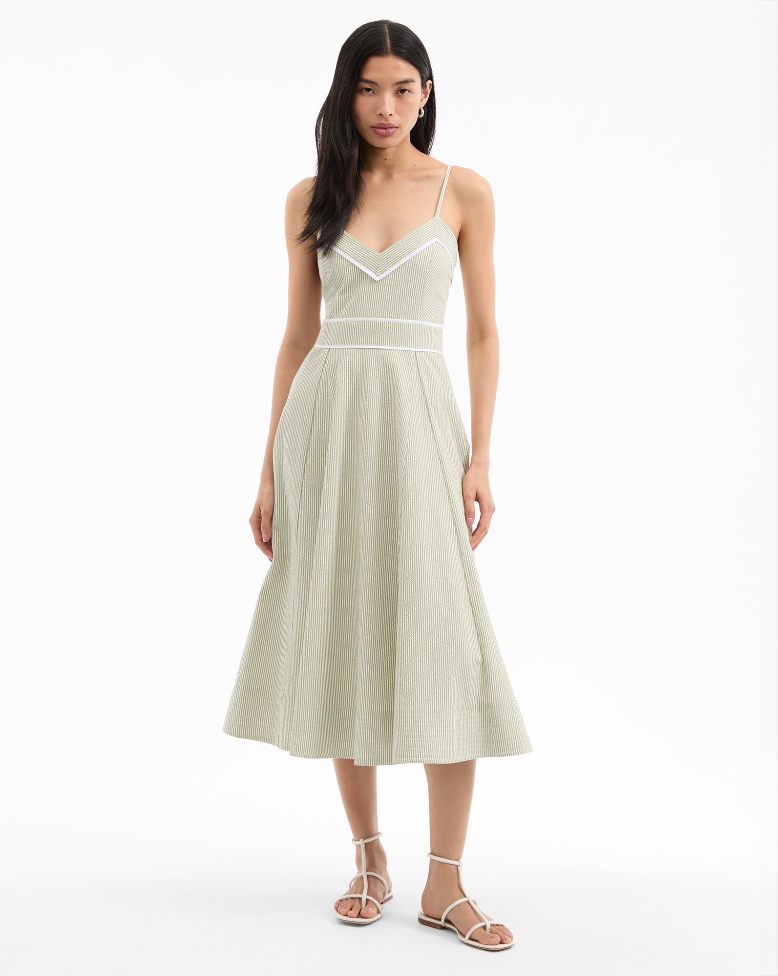 Striped Cotton Midi Dress with V-Neck & Draped Skirt | Janis
