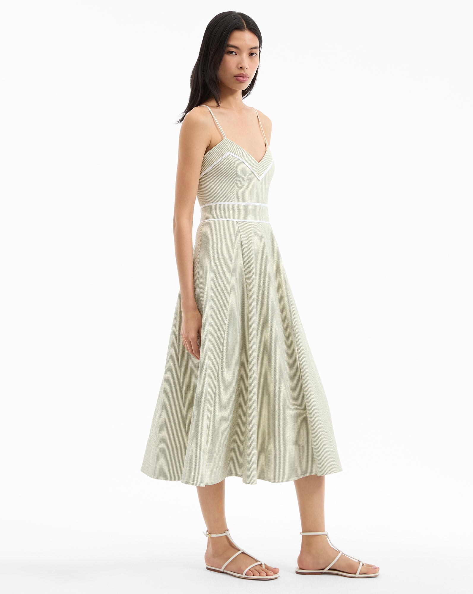 Striped Cotton Midi Dress with V-Neck & Draped Skirt | Janis