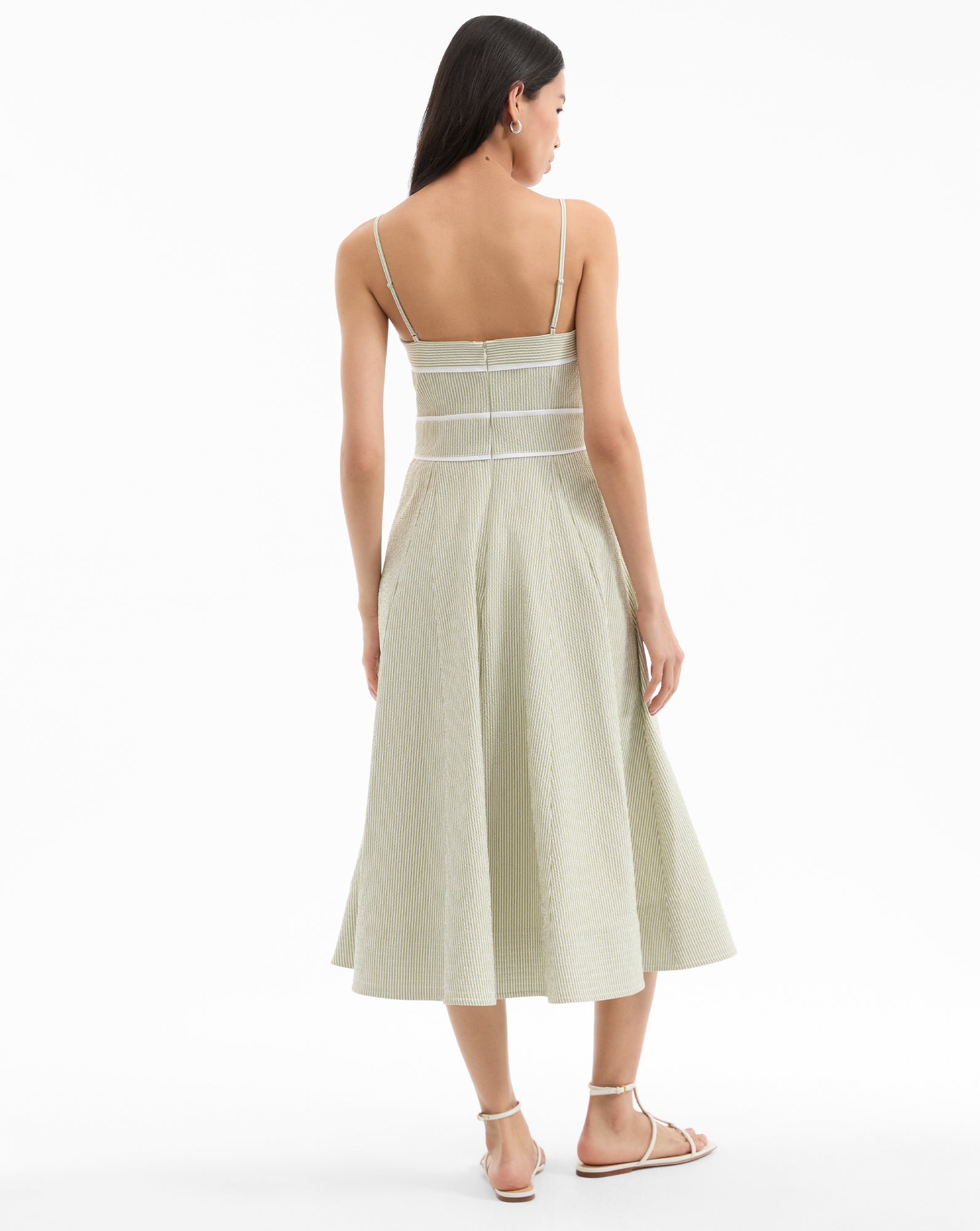 Striped Cotton Midi Dress with V-Neck & Draped Skirt | Janis