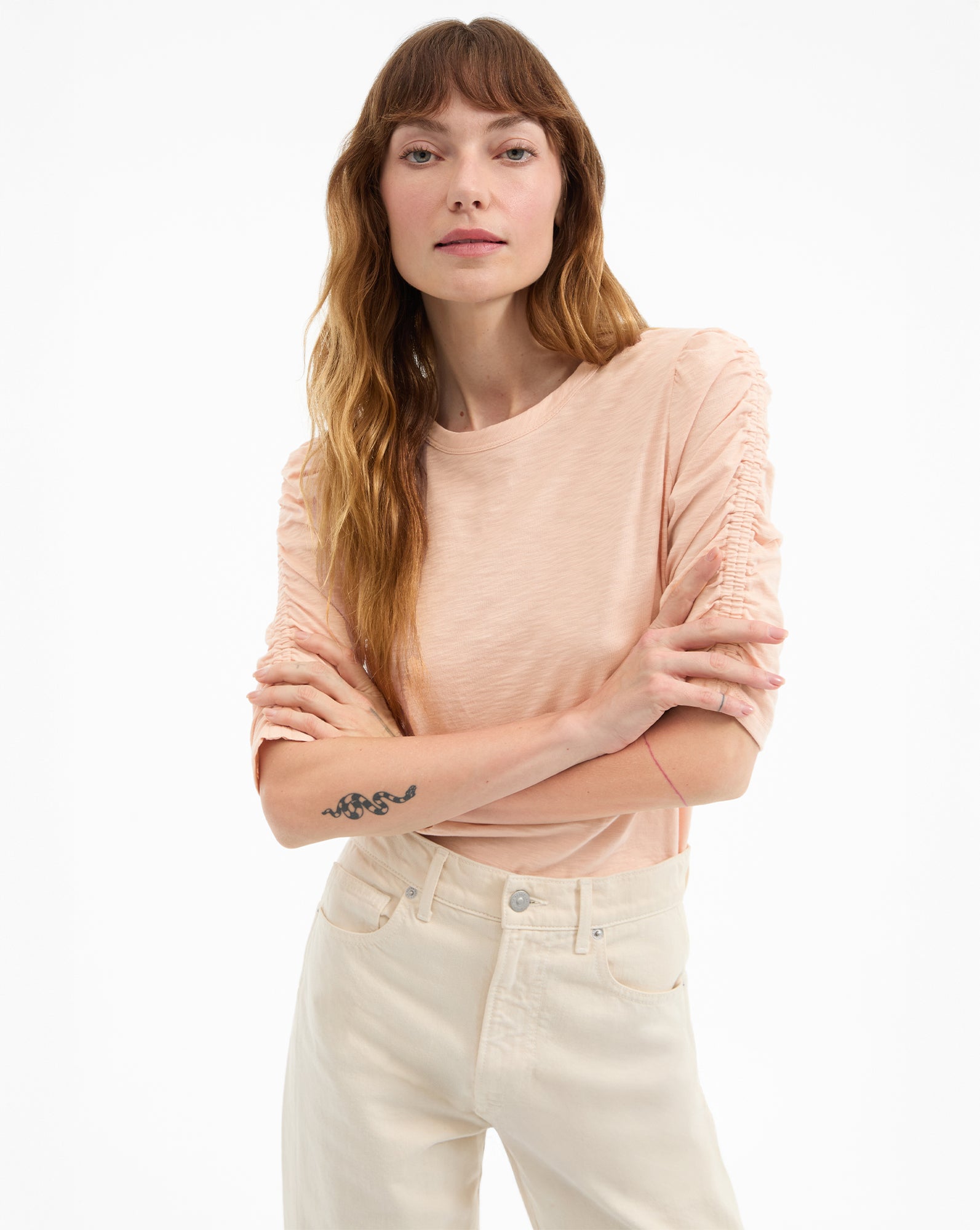 Ruched-Sleeve Cotton T-Shirt for Women | Waldorf