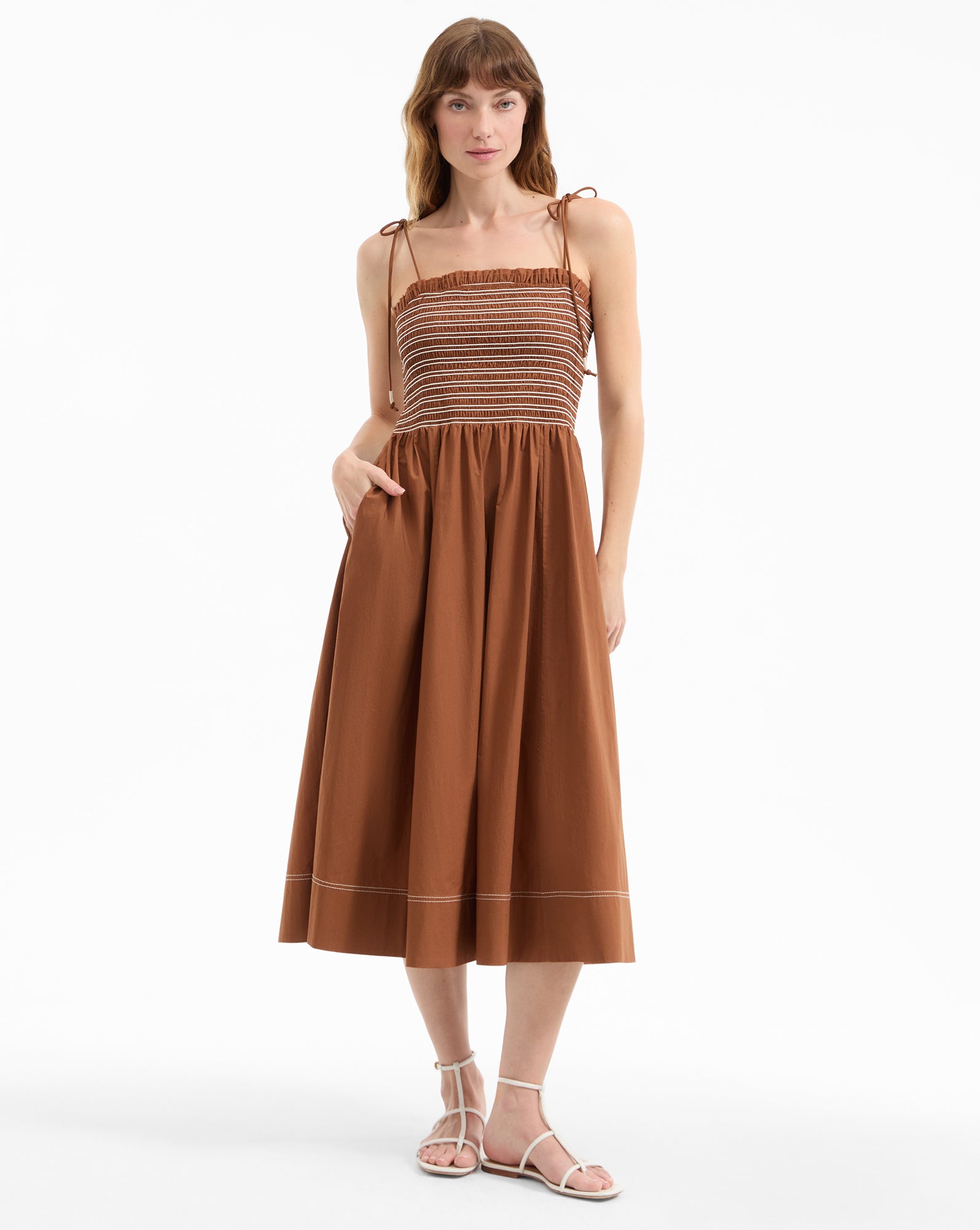 Whisky Brown Cotton Smocked Midi Dress | Kaela