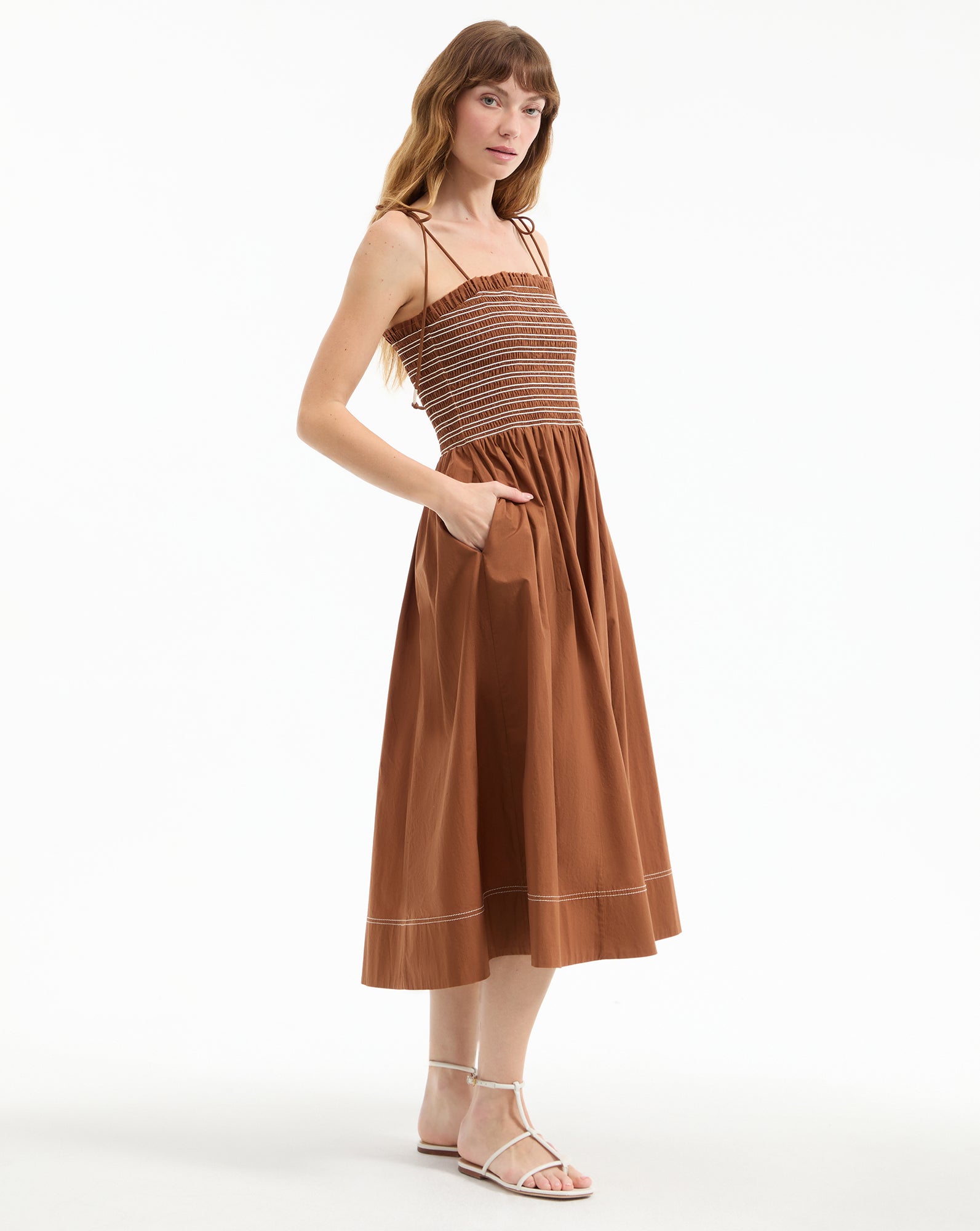 Whisky Brown Cotton Smocked Midi Dress | Kaela