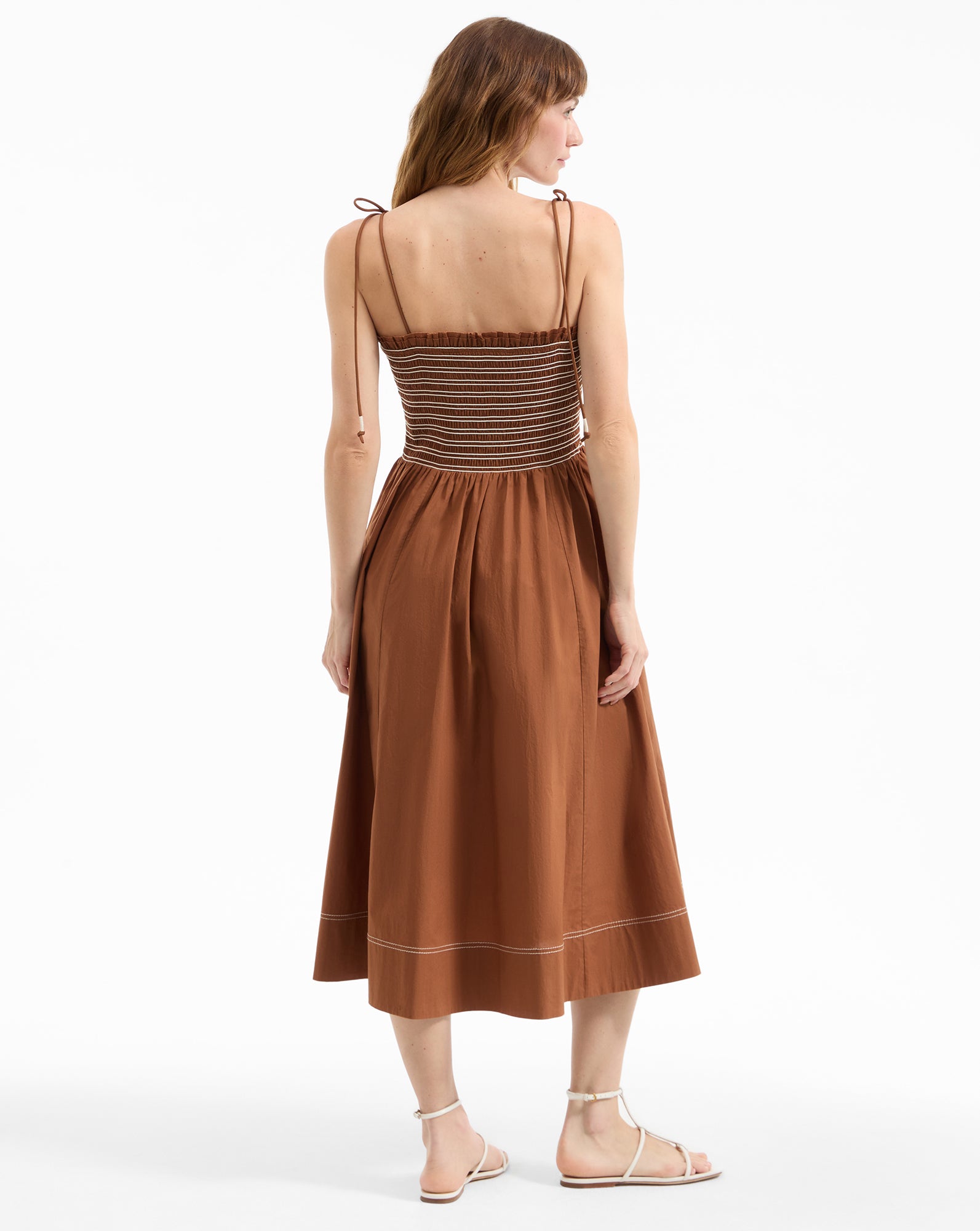 Whisky Brown Cotton Smocked Midi Dress | Kaela