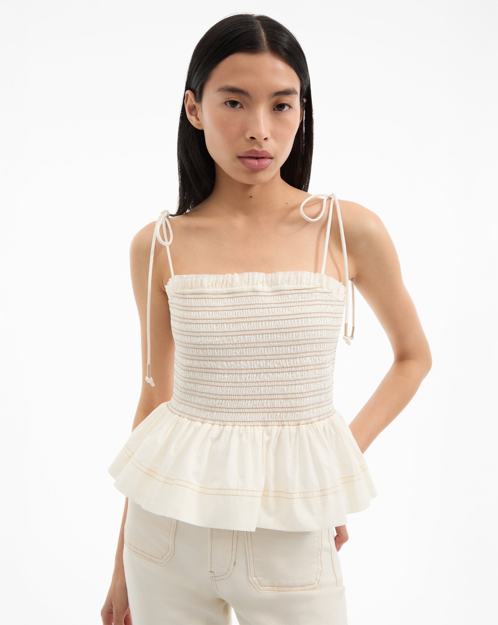 Smocked Cotton Tank Top with Ruffled Trim & Self-Tie Straps | Ophelia
