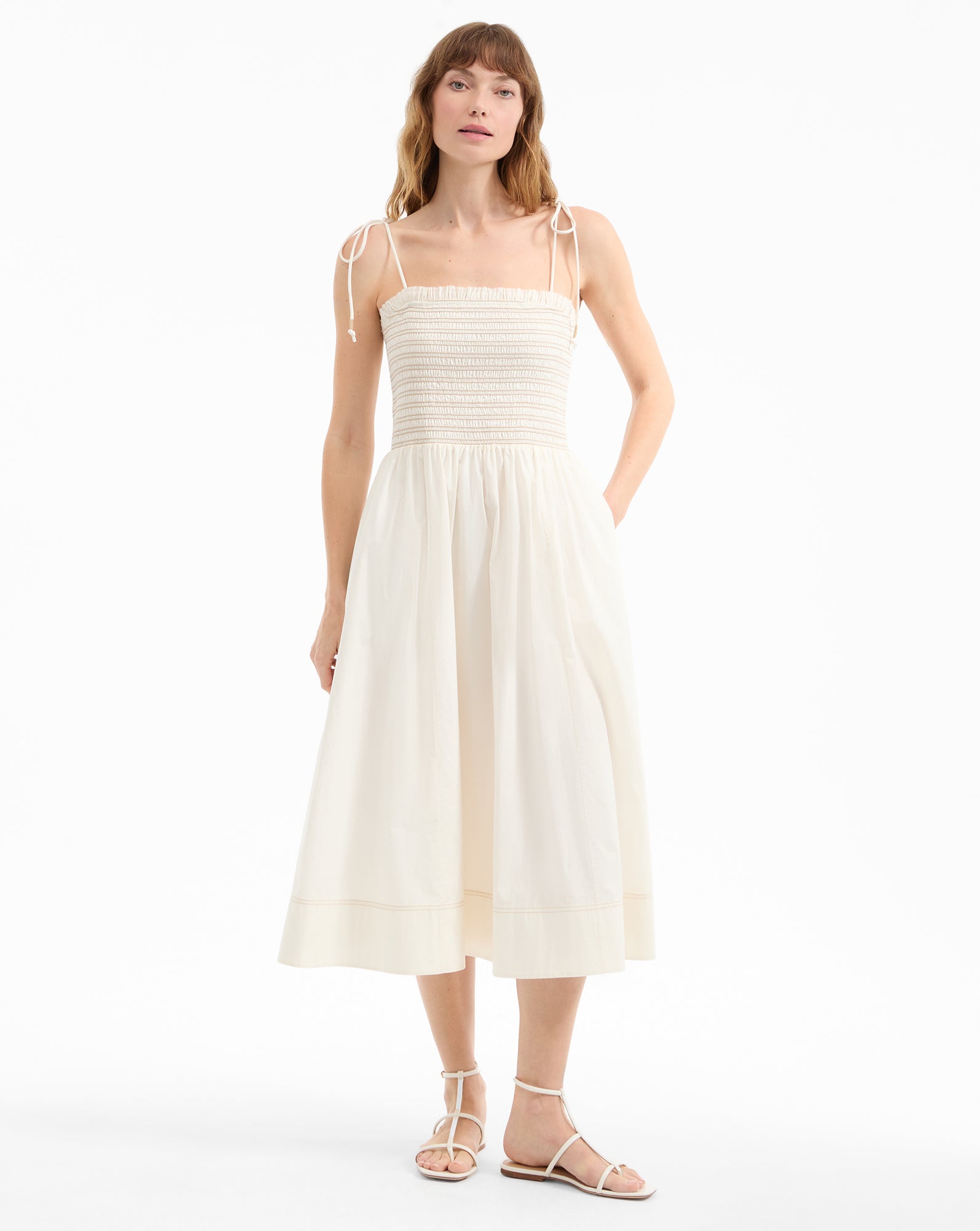 Whisky Brown Cotton Smocked Midi Dress | Kaela