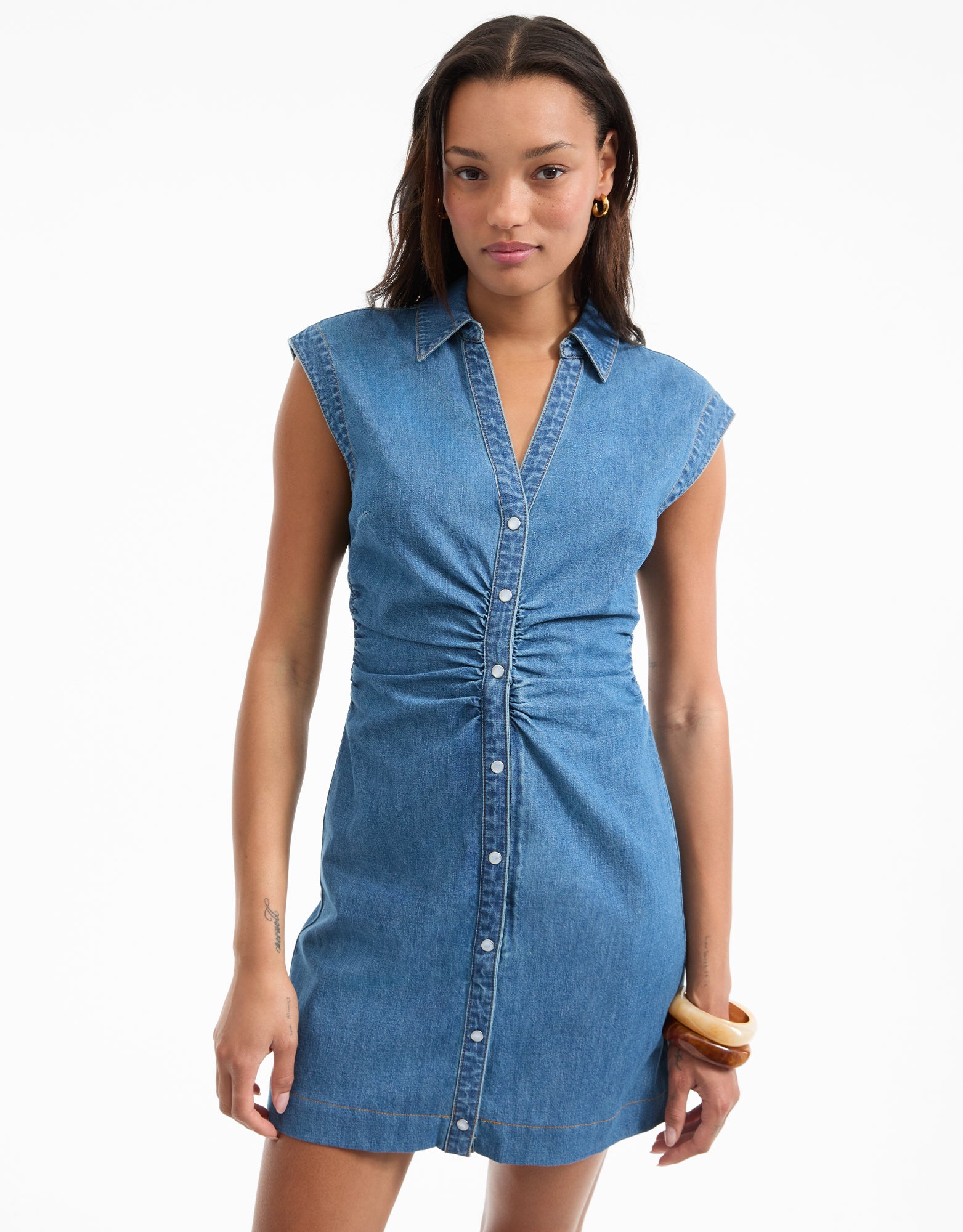 Denim Mini Dress with Ruching & V-Neck | Maura Cotton Dress