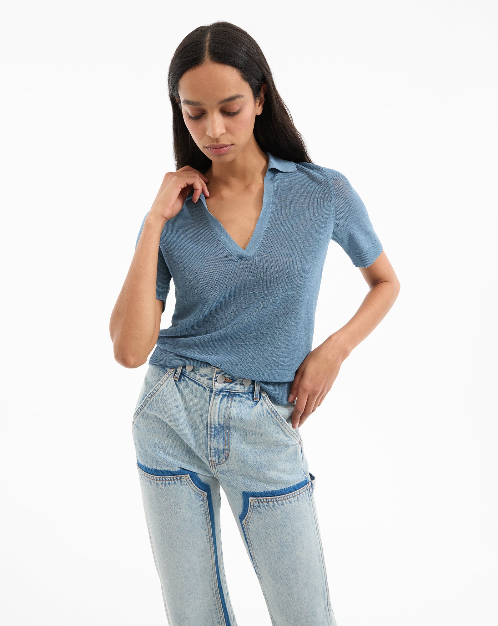 Linen Knit Polo Shirt with V-Neck & Half Sleeves | Issa