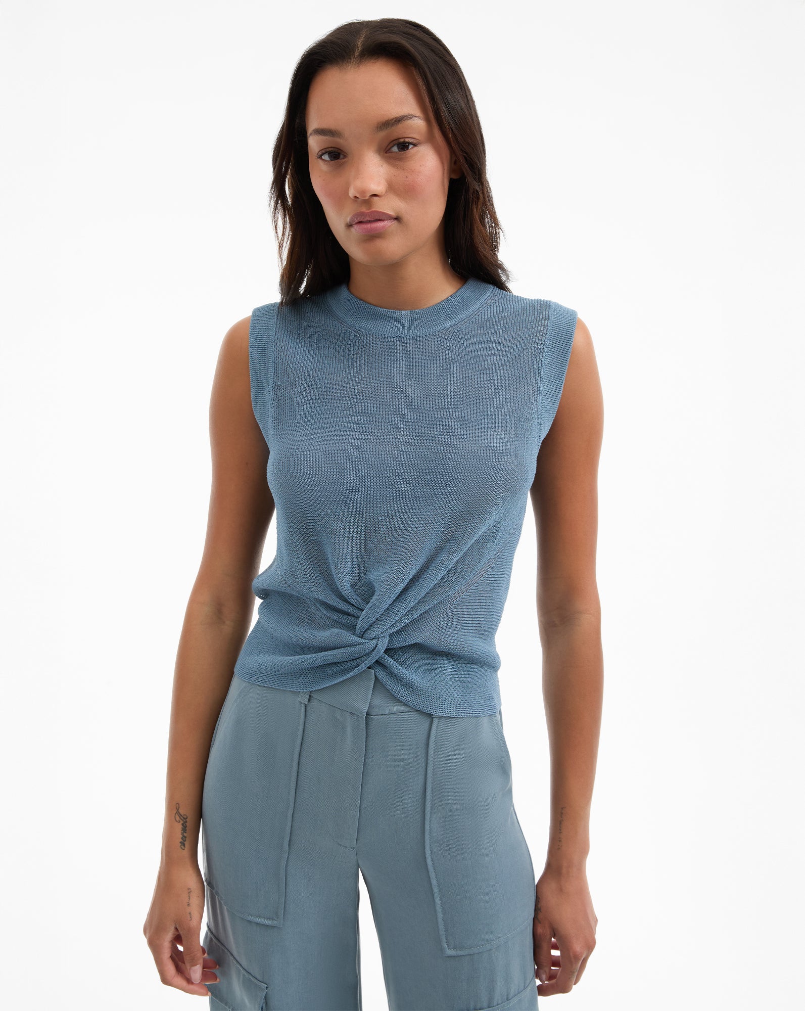 Light Blue Linen Knit Tank Top with Twist Hem | Kellen