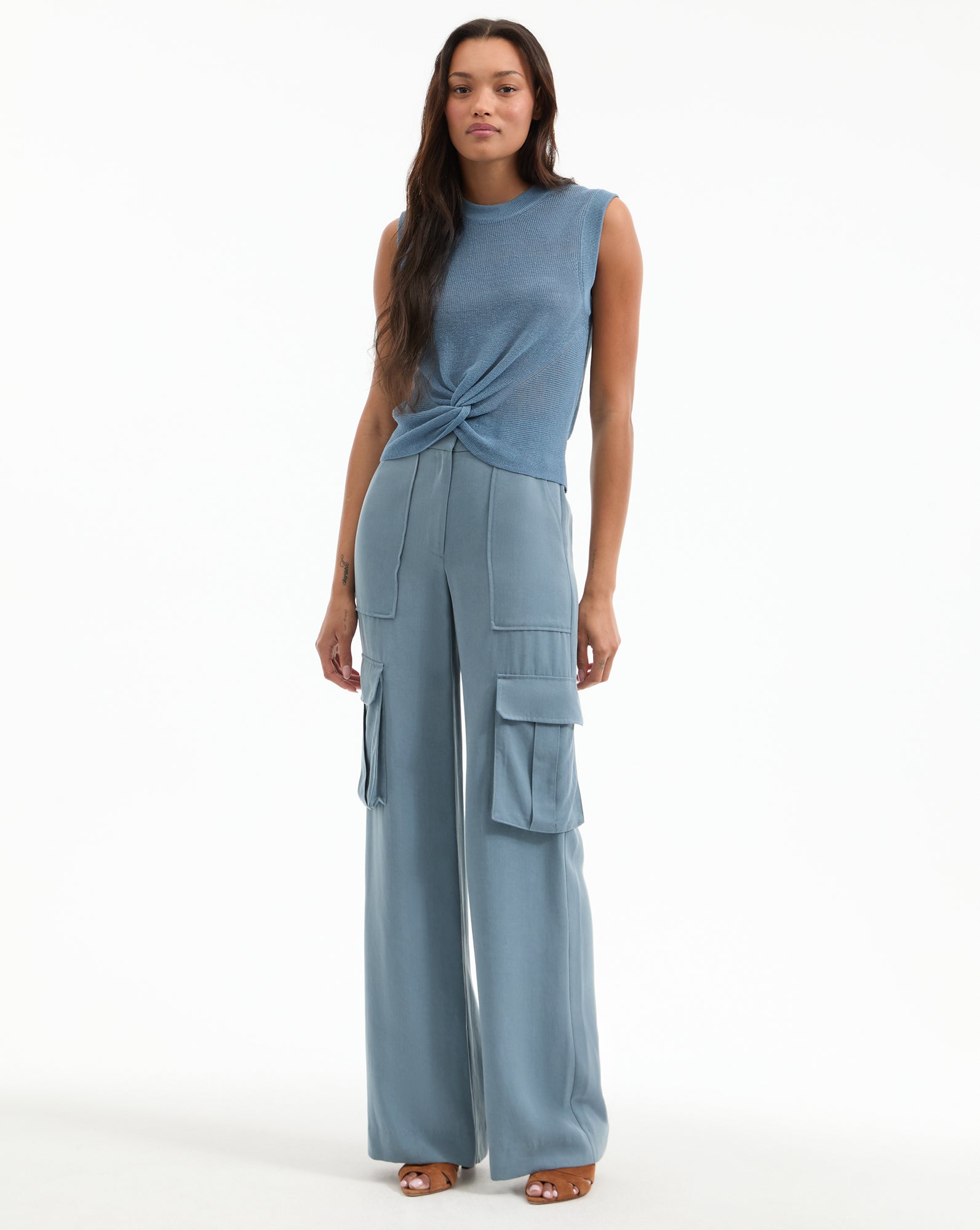 Light Blue Linen Knit Tank Top with Twist Hem | Kellen