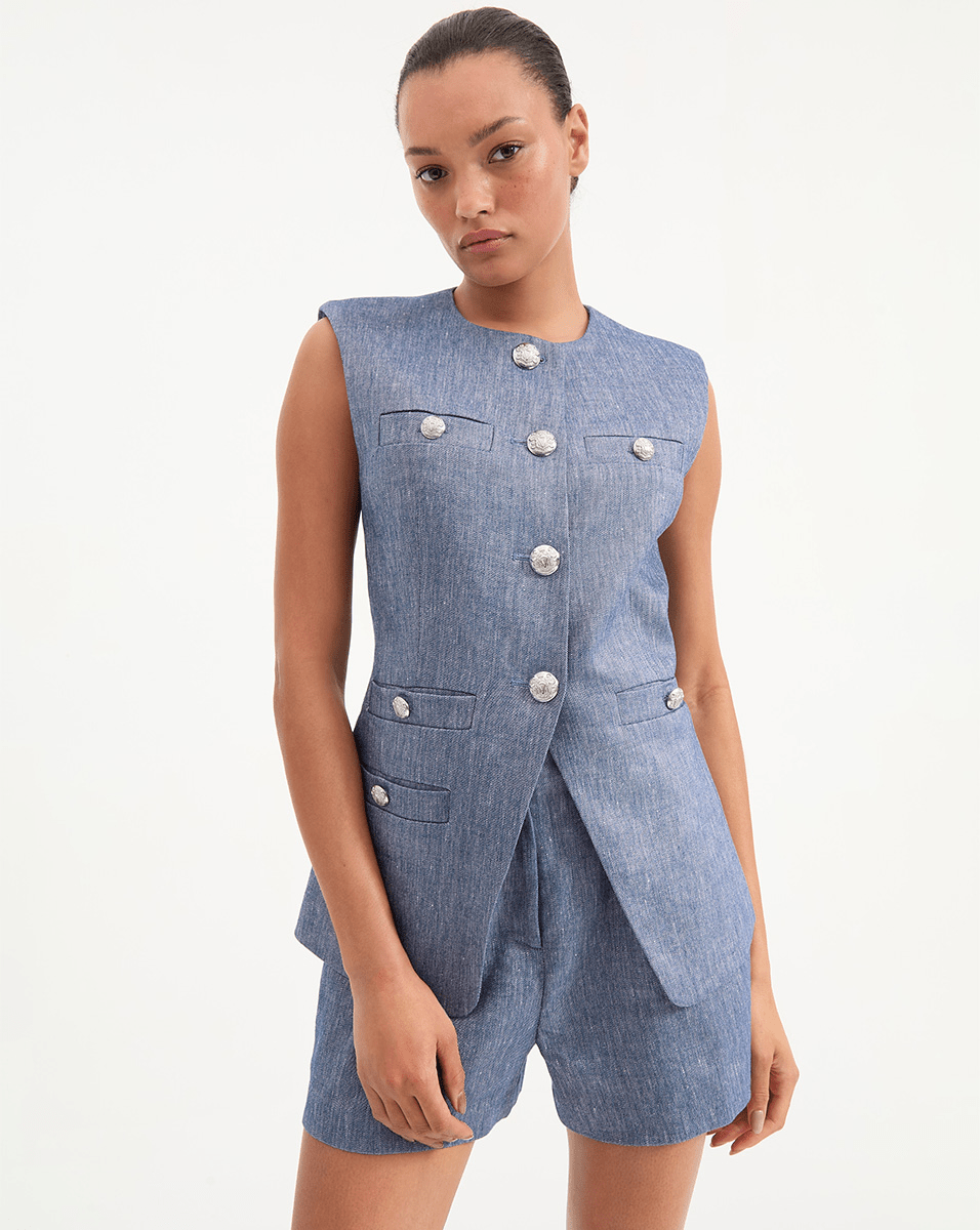 Stylish Linen Vest with Gold Buttons & Angled Hem | Tamara