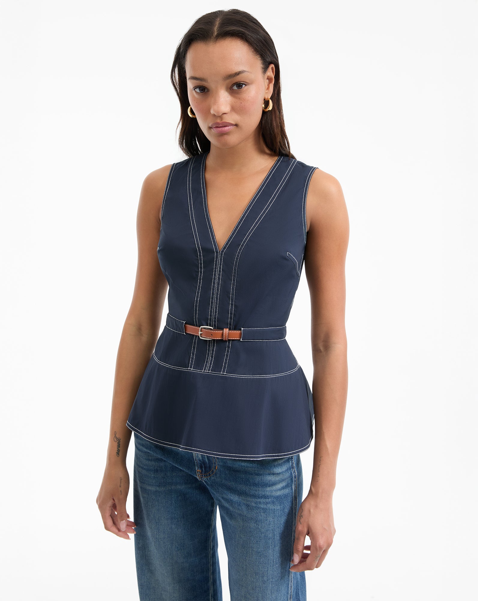 Belted Peplum Top with V-Neck & Cinched Waist | Nickleby