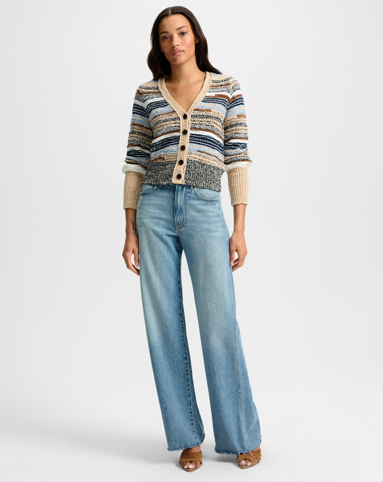 Striped Cotton & Merino Wool Cardigan with Bishop Sleeves | Cecily