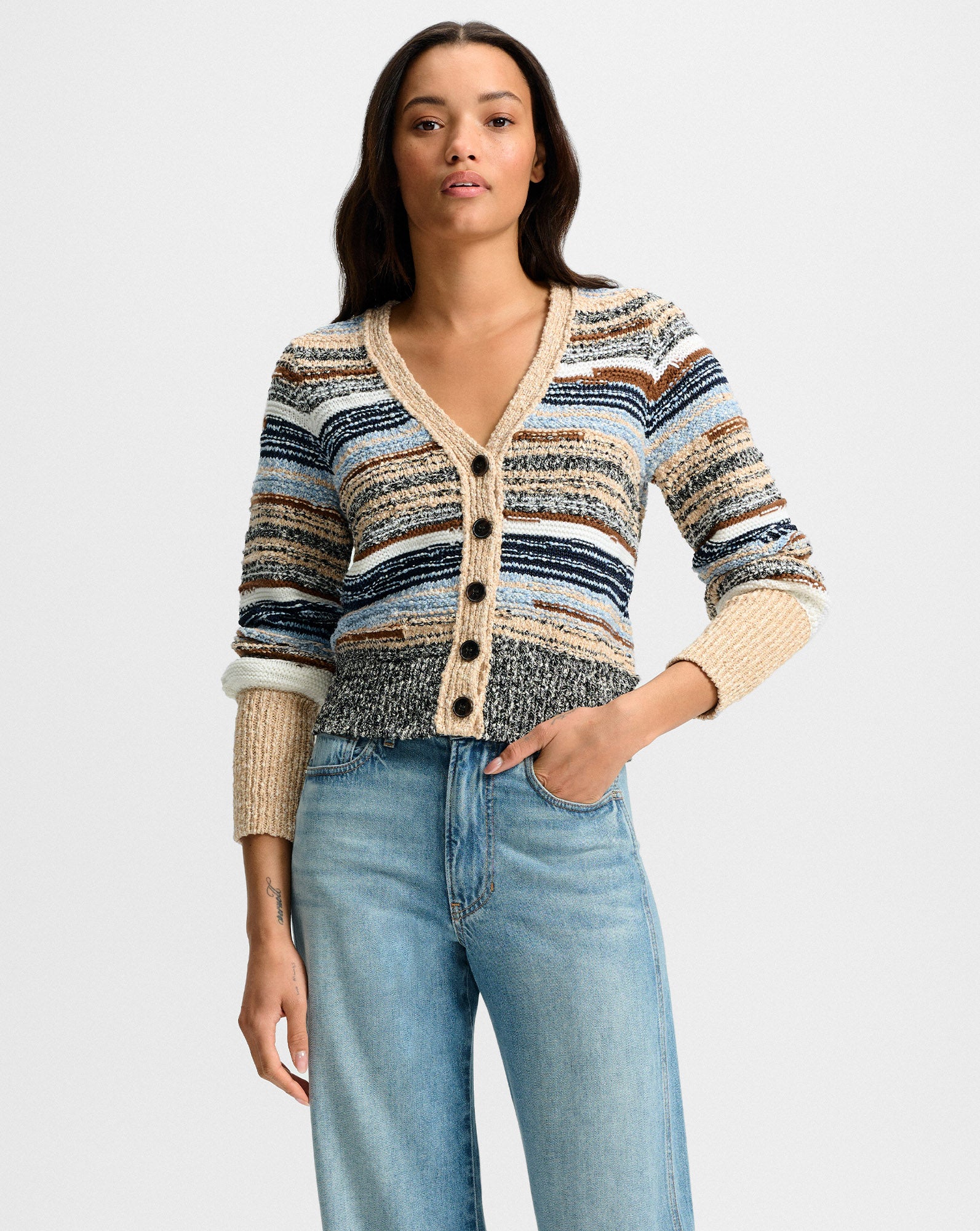 Striped Cotton & Merino Wool Cardigan with Bishop Sleeves | Cecily