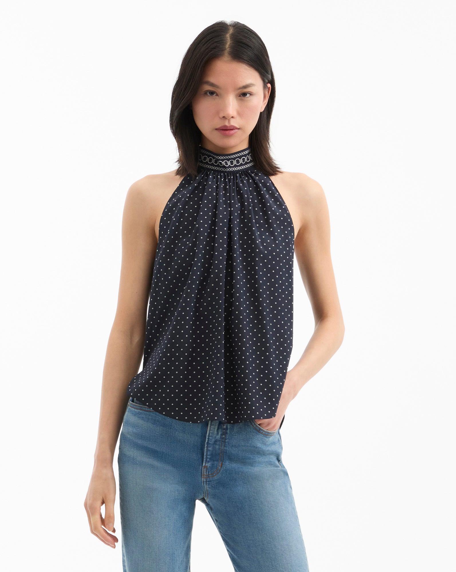Silk Halter Top with Polka Dots & Chain-Link Trim | Kovi