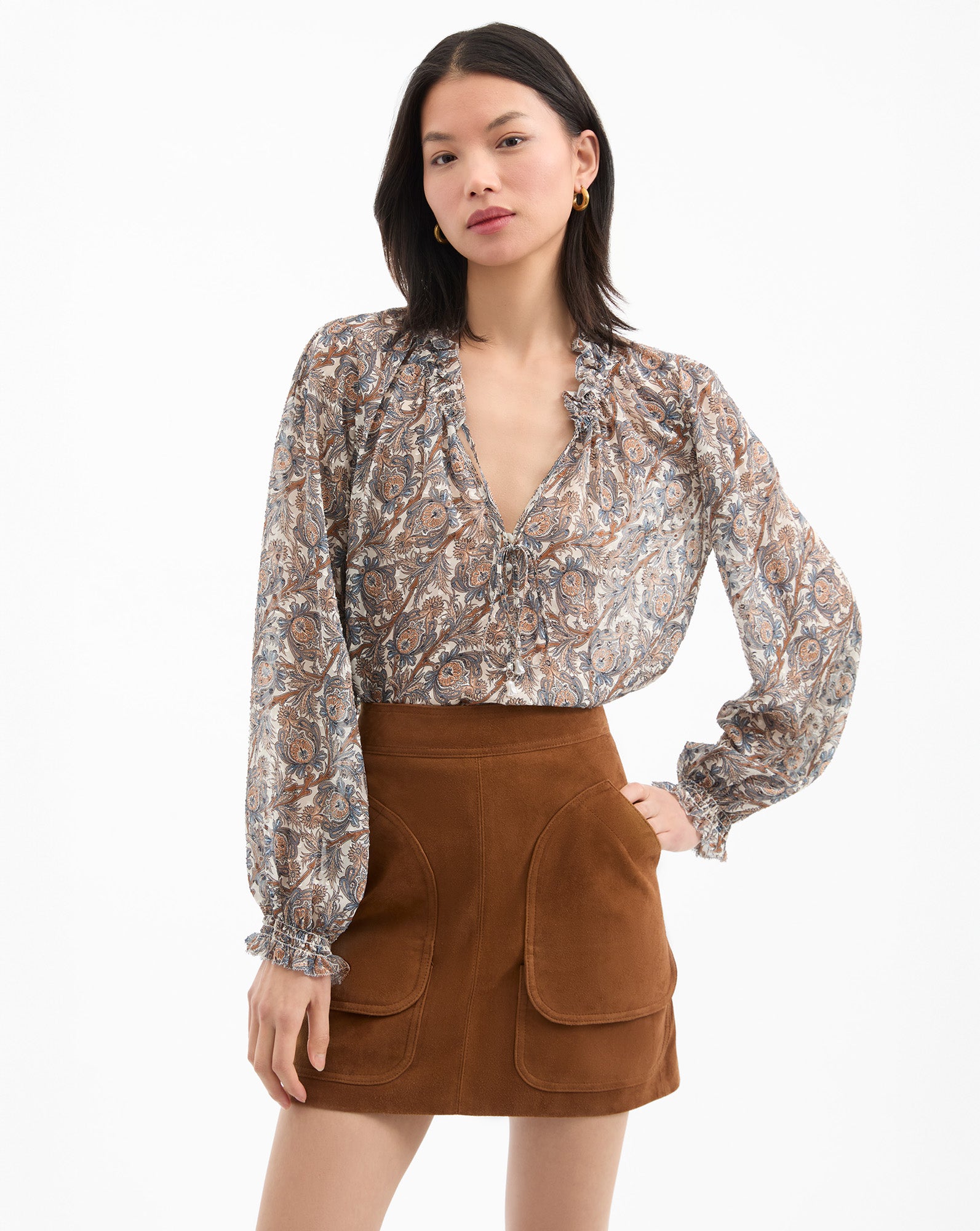 Bohemian Silk Blouse with Ruffles & Paisley Print | Hickory