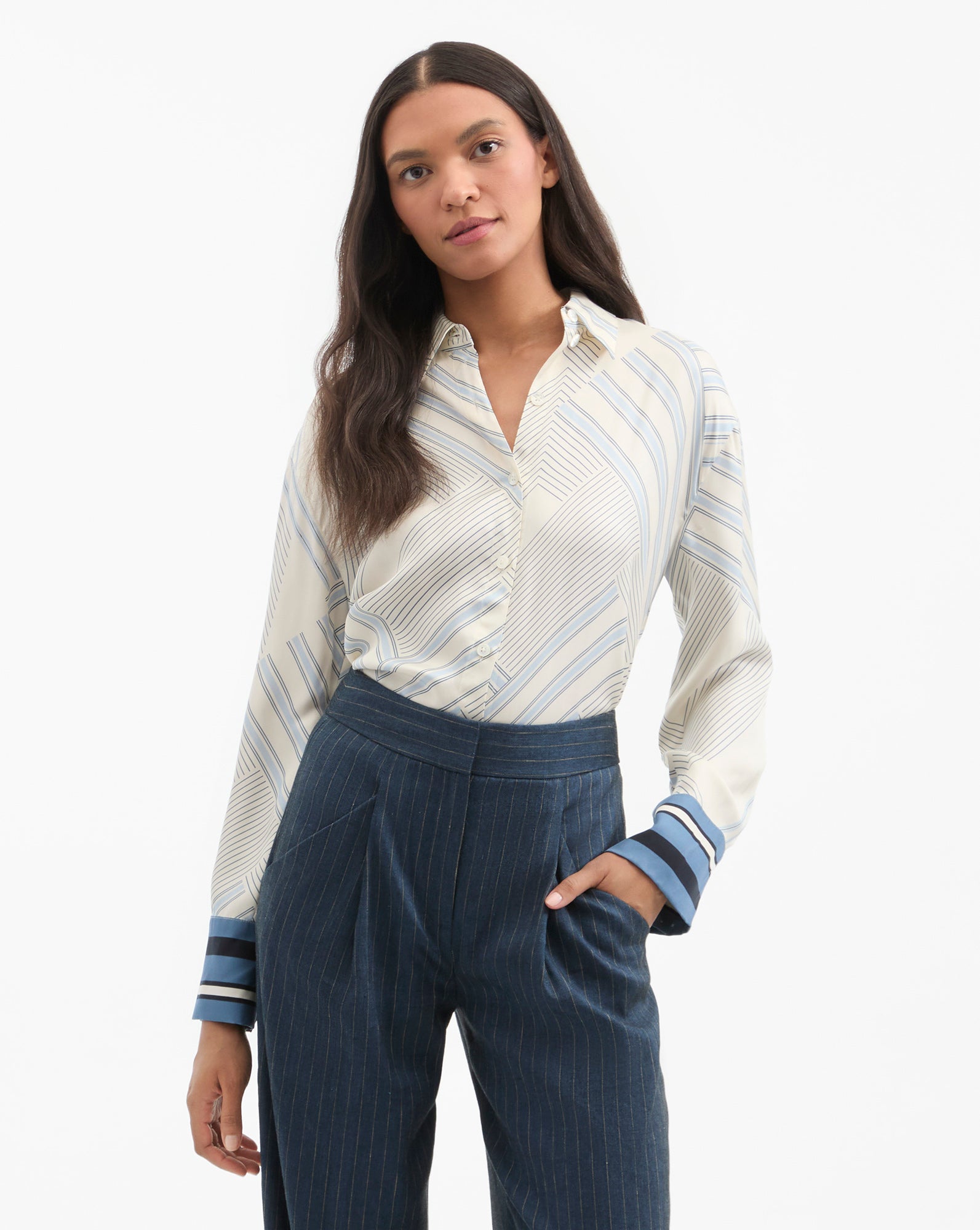 Silk Button-Down Shirt with Relaxed Fit & Geometric Print | Delila