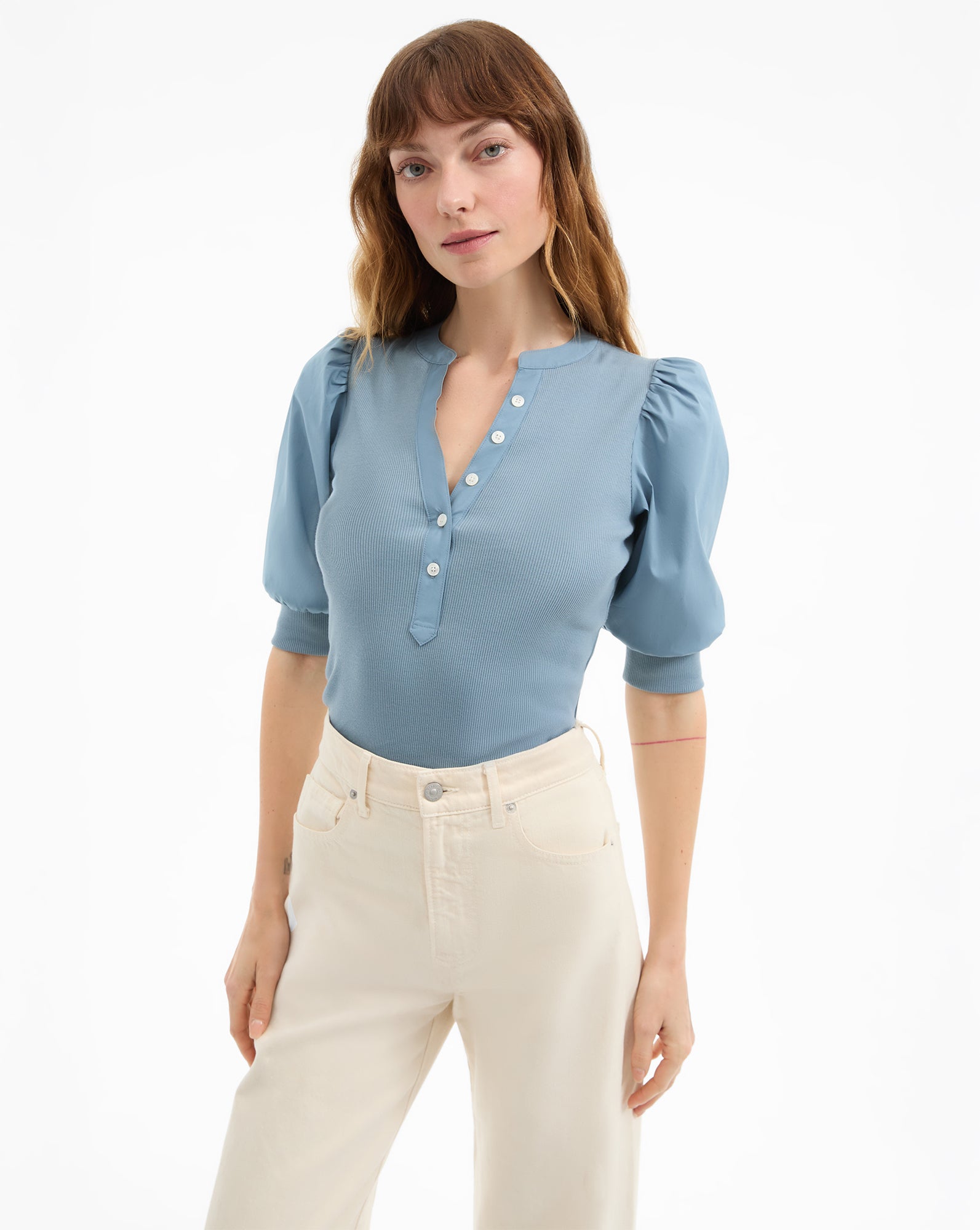 Puff-Sleeve T-Shirt for Women | Coralee Relaxed Henley Top