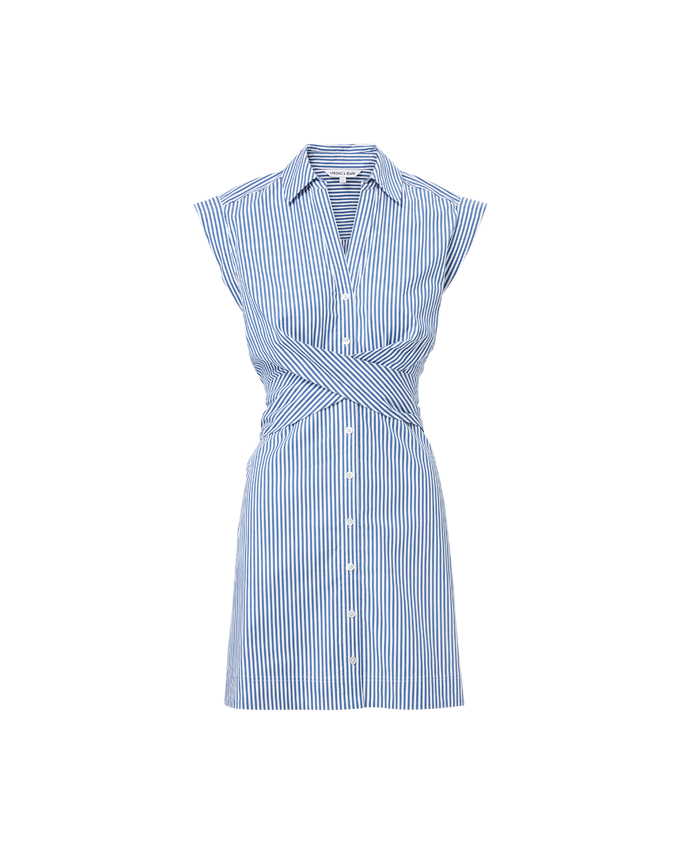 Striped Shirtdress with Crossover Waist & Cap Sleeves | Nagano