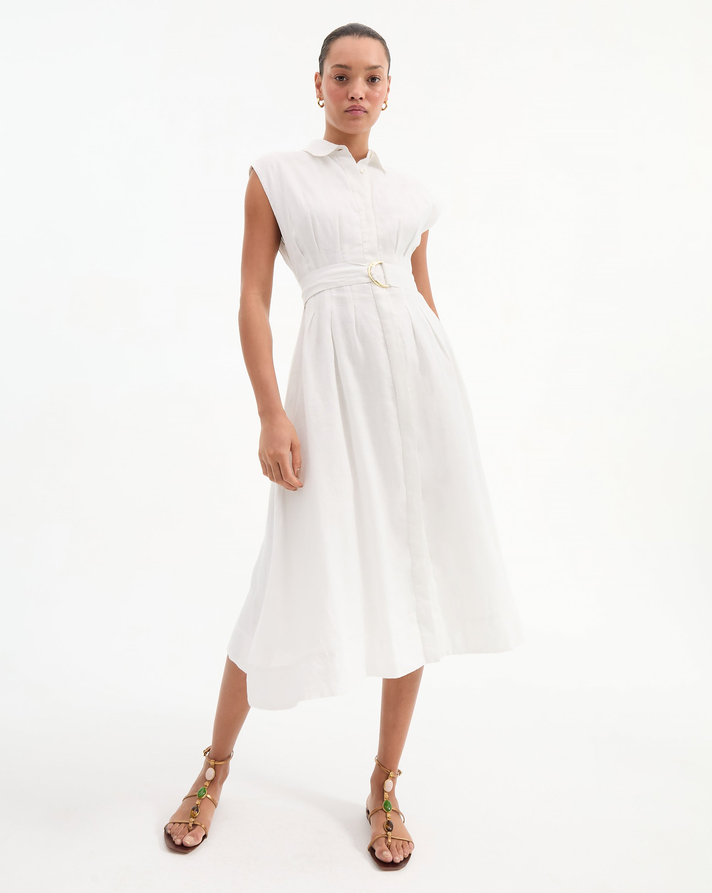 Linen Midi Dress with Belt & Cap Sleeves | Loreta Navy
