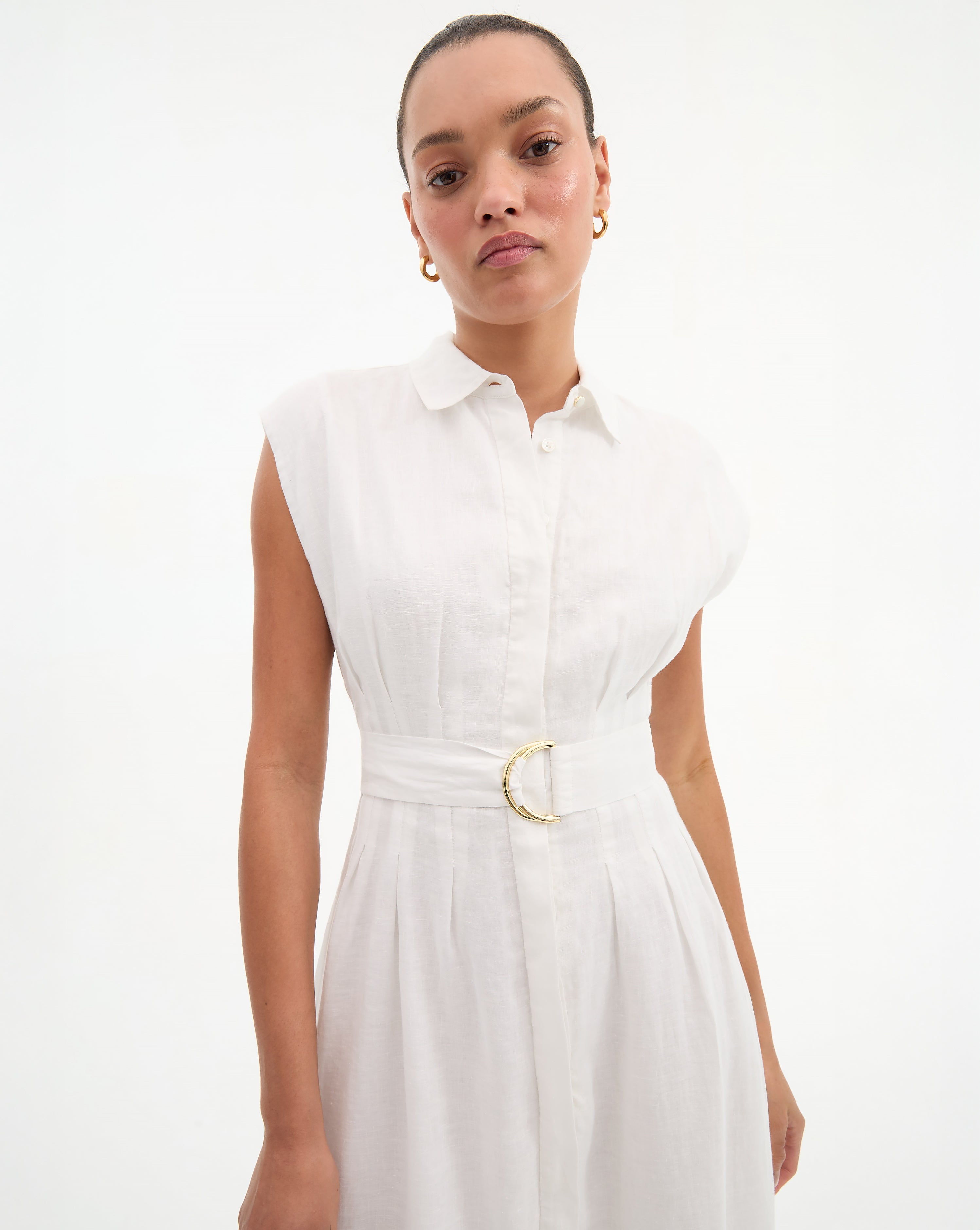 Linen Midi Dress with Belt & Cap Sleeves | Loreta Navy