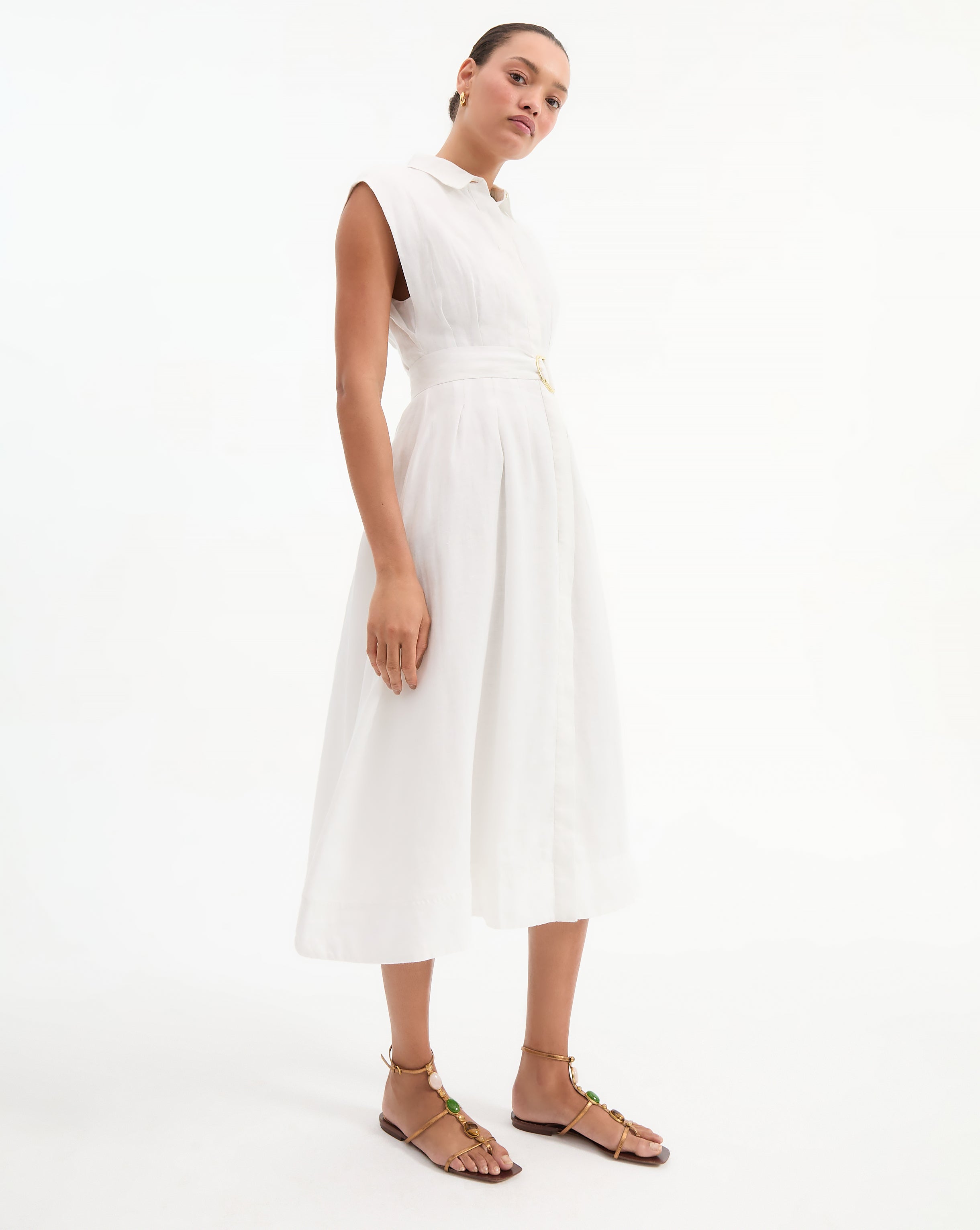 Linen Midi Dress with Belt & Cap Sleeves | Loreta Navy
